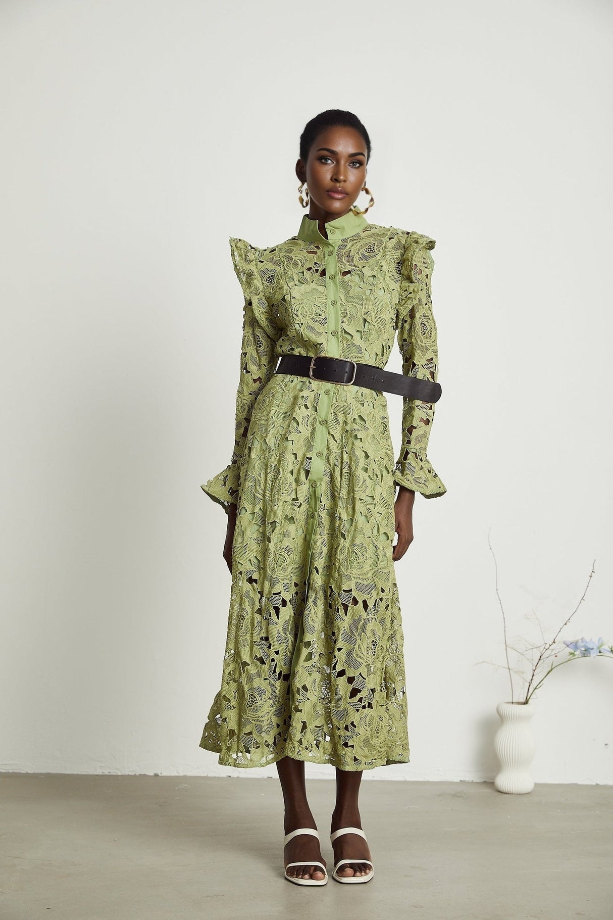 Heaven Floral Midi Dress - Crew Neck - Detailed Embroidery - Cut - Out Design - Belted Waist