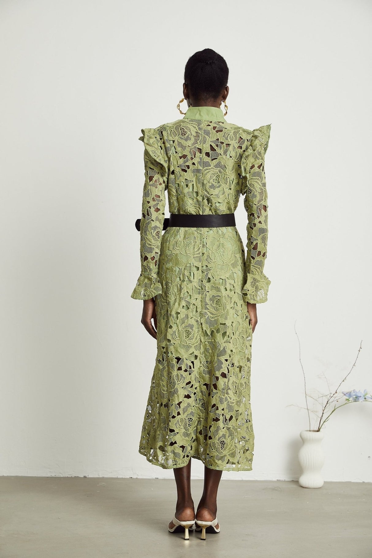 Heaven Floral Midi Dress - Crew Neck - Detailed Embroidery - Cut - Out Design - Belted Waist