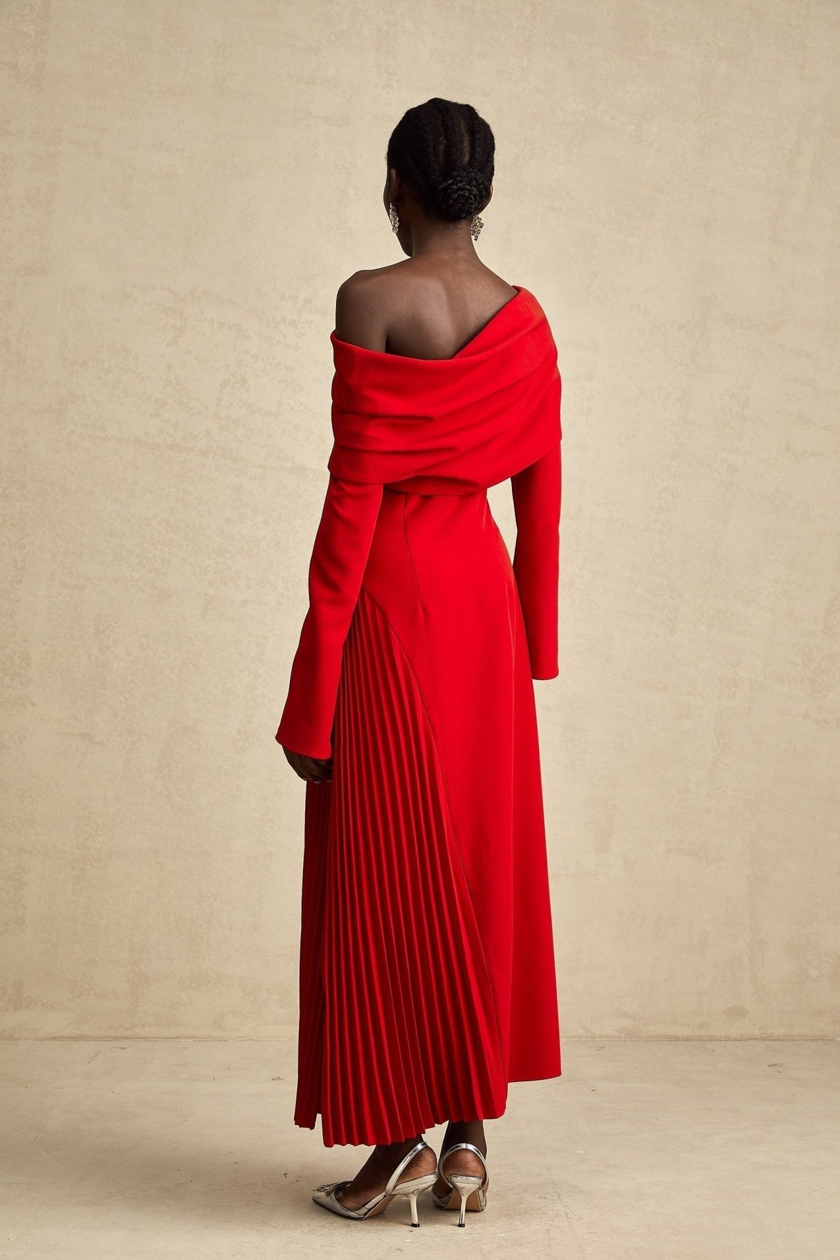 Heaven Maxi Dress - Long Flared Sleeves - Mono Shoulder - Asymmetric Neck - Pleated Detailing - Side Zip Fastening