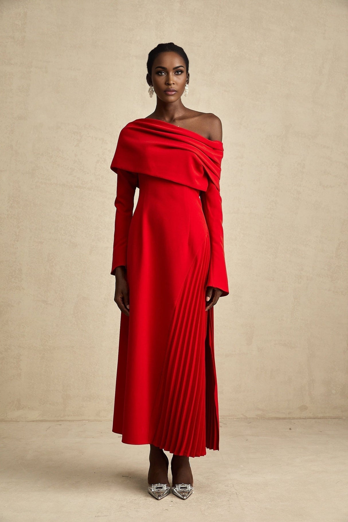 Heaven Maxi Dress - Long Flared Sleeves - Mono Shoulder - Asymmetric Neck - Pleated Detailing - Side Zip Fastening