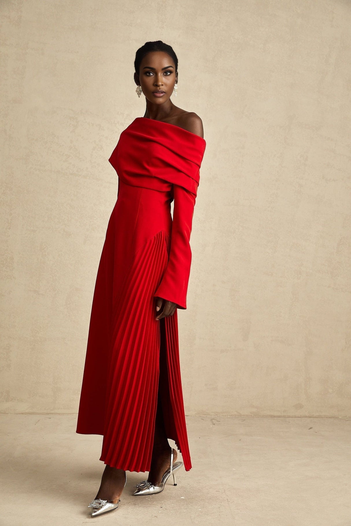 Heaven Maxi Dress - Long Flared Sleeves - Mono Shoulder - Asymmetric Neck - Pleated Detailing - Side Zip Fastening