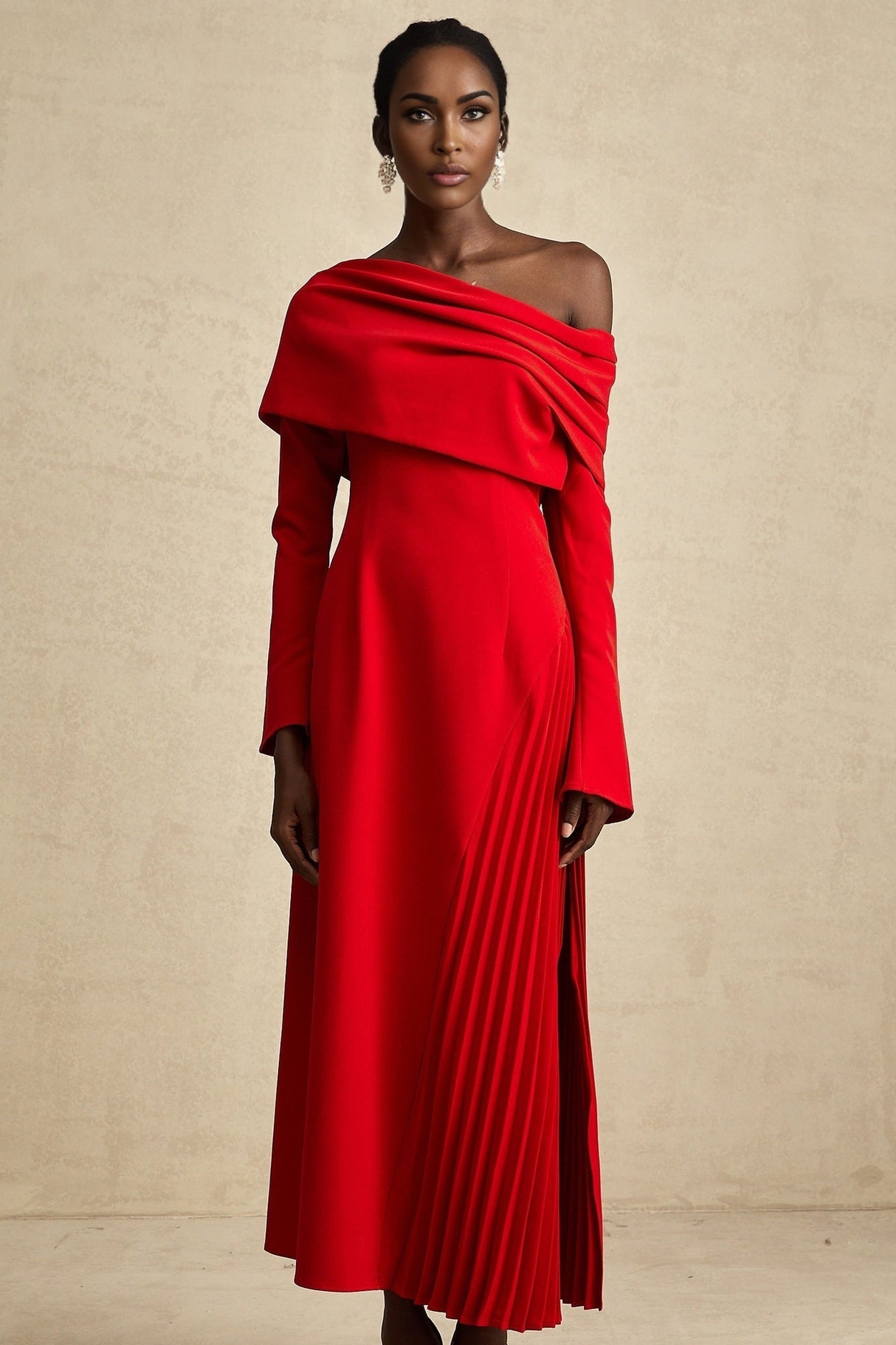 Heaven Maxi Dress - Long Flared Sleeves - Mono Shoulder - Asymmetric Neck - Pleated Detailing - Side Zip Fastening