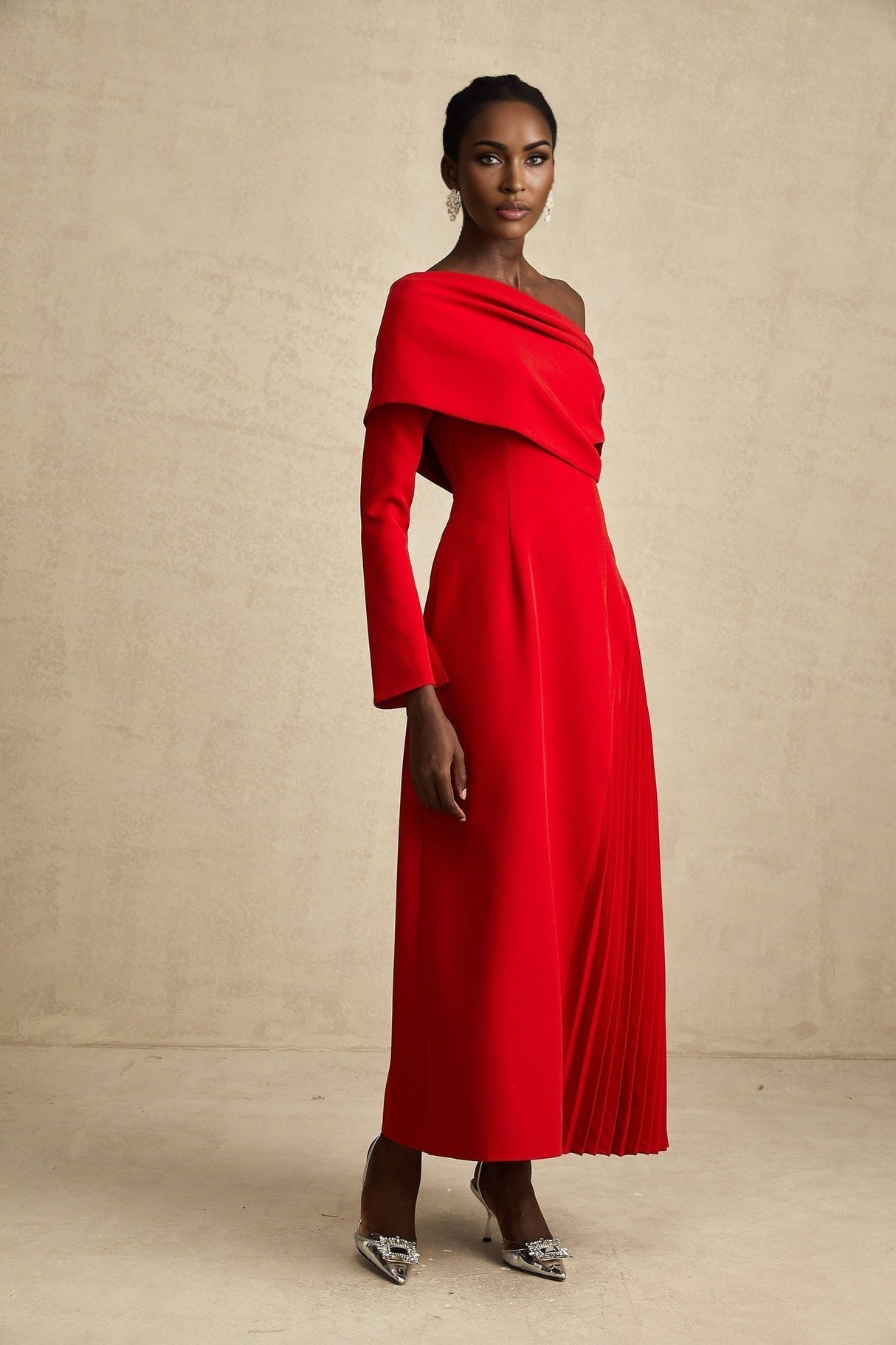 Heaven Maxi Dress - Long Flared Sleeves - Mono Shoulder - Asymmetric Neck - Pleated Detailing - Side Zip Fastening