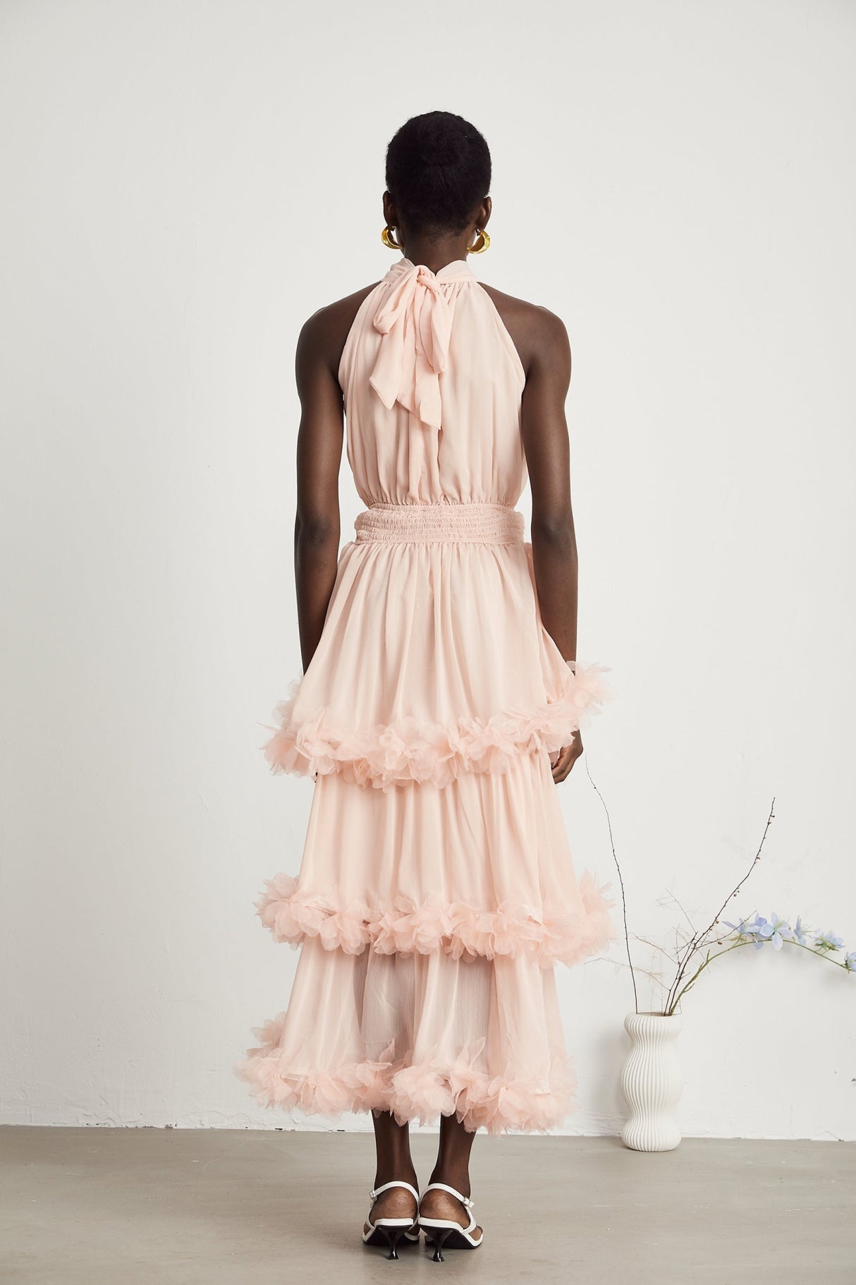 Heaven Midi Dress - High Neck - Sleeveless - Pleated & Tiered Design - Smocked Waistband - 3D Petal Detailing