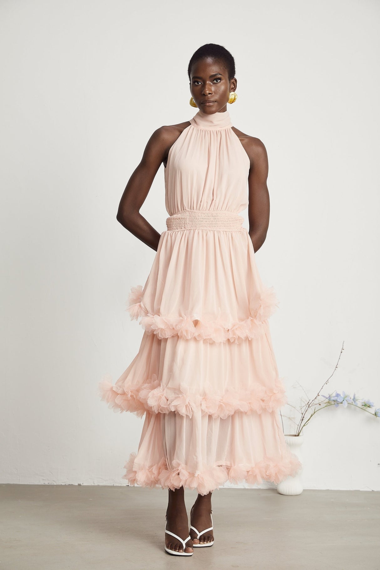 Heaven Midi Dress - High Neck - Sleeveless - Pleated & Tiered Design - Smocked Waistband - 3D Petal Detailing