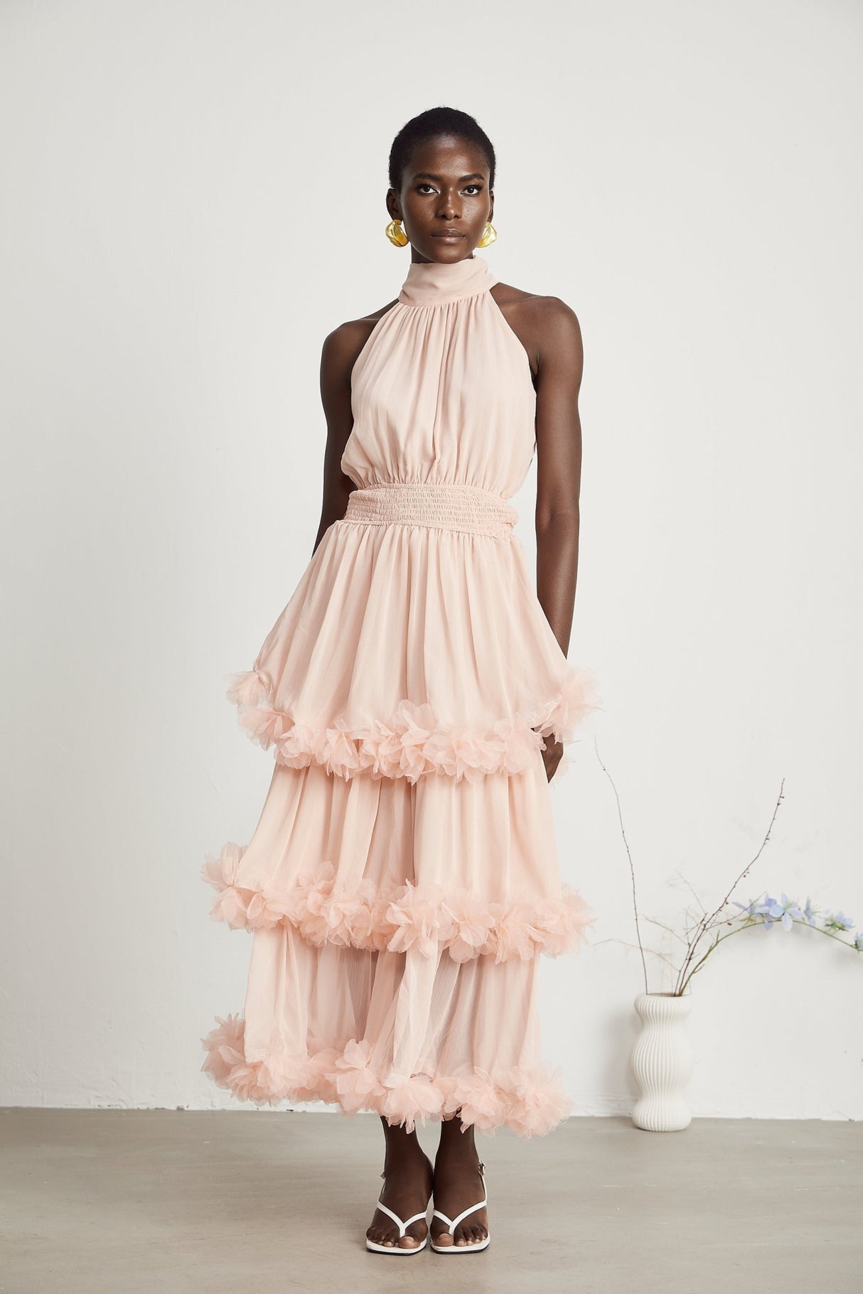 Heaven Midi Dress - High Neck - Sleeveless - Pleated & Tiered Design - Smocked Waistband - 3D Petal Detailing