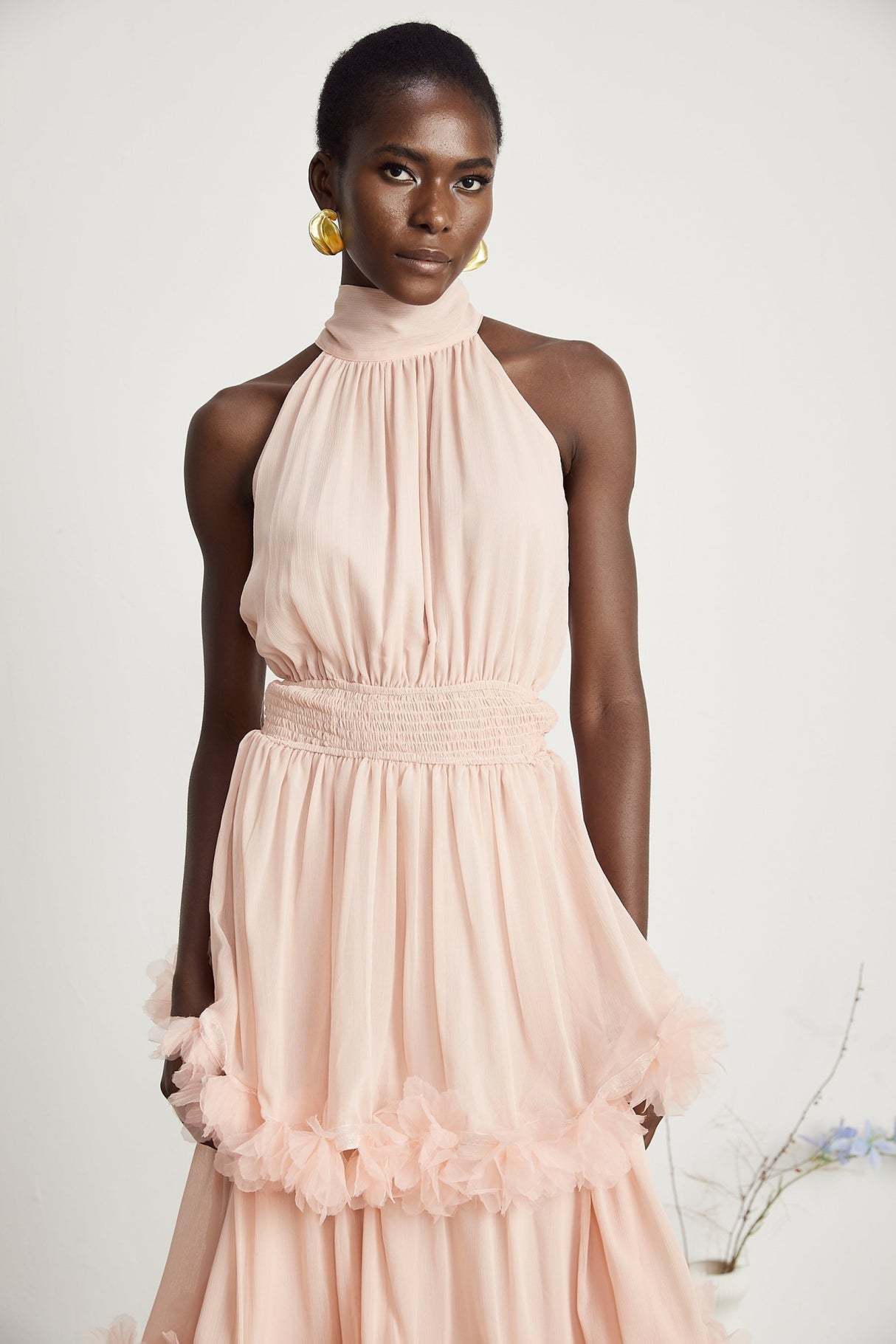 Heaven Midi Dress - High Neck - Sleeveless - Pleated & Tiered Design - Smocked Waistband - 3D Petal Detailing