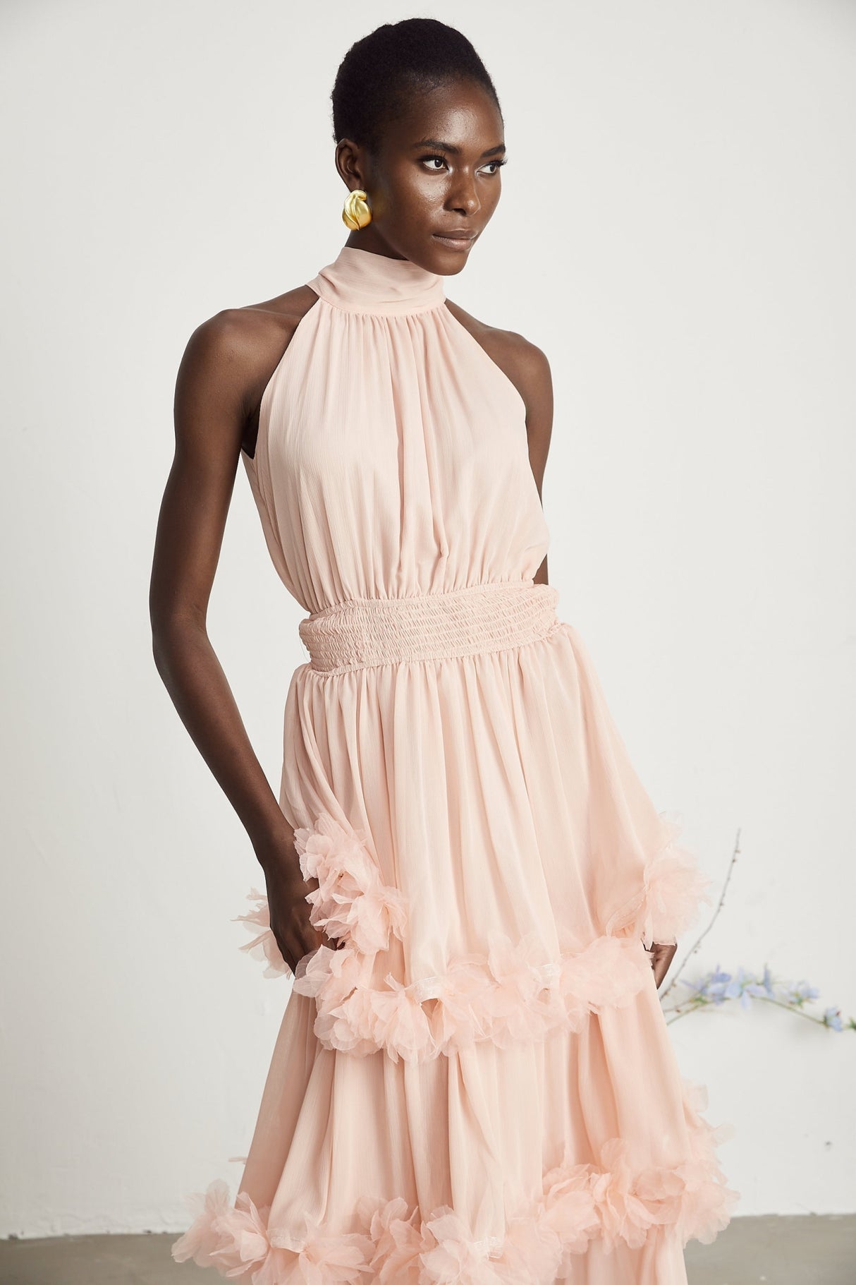 Heaven Midi Dress - High Neck - Sleeveless - Pleated & Tiered Design - Smocked Waistband - 3D Petal Detailing