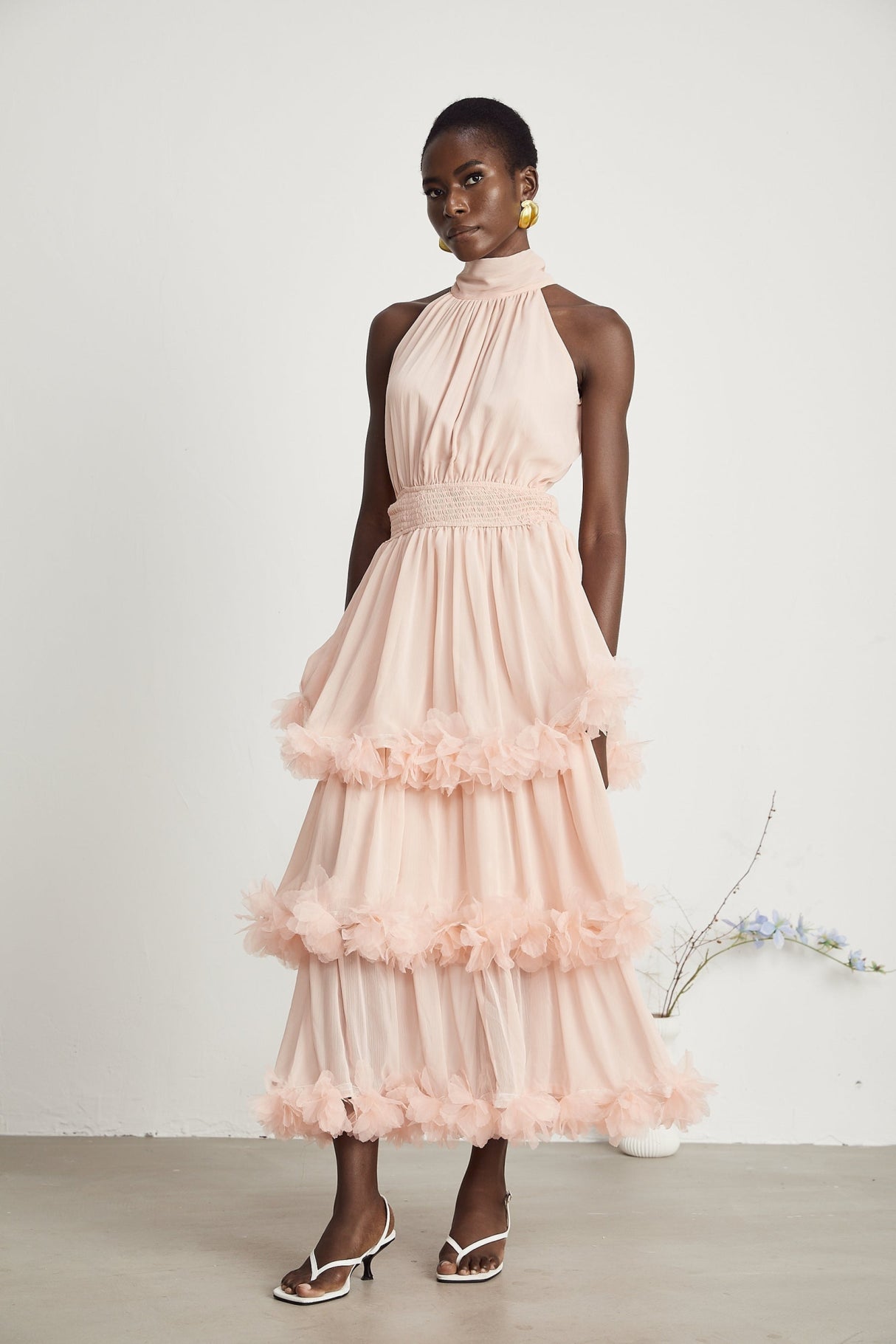 Heaven Midi Dress - High Neck - Sleeveless - Pleated & Tiered Design - Smocked Waistband - 3D Petal Detailing