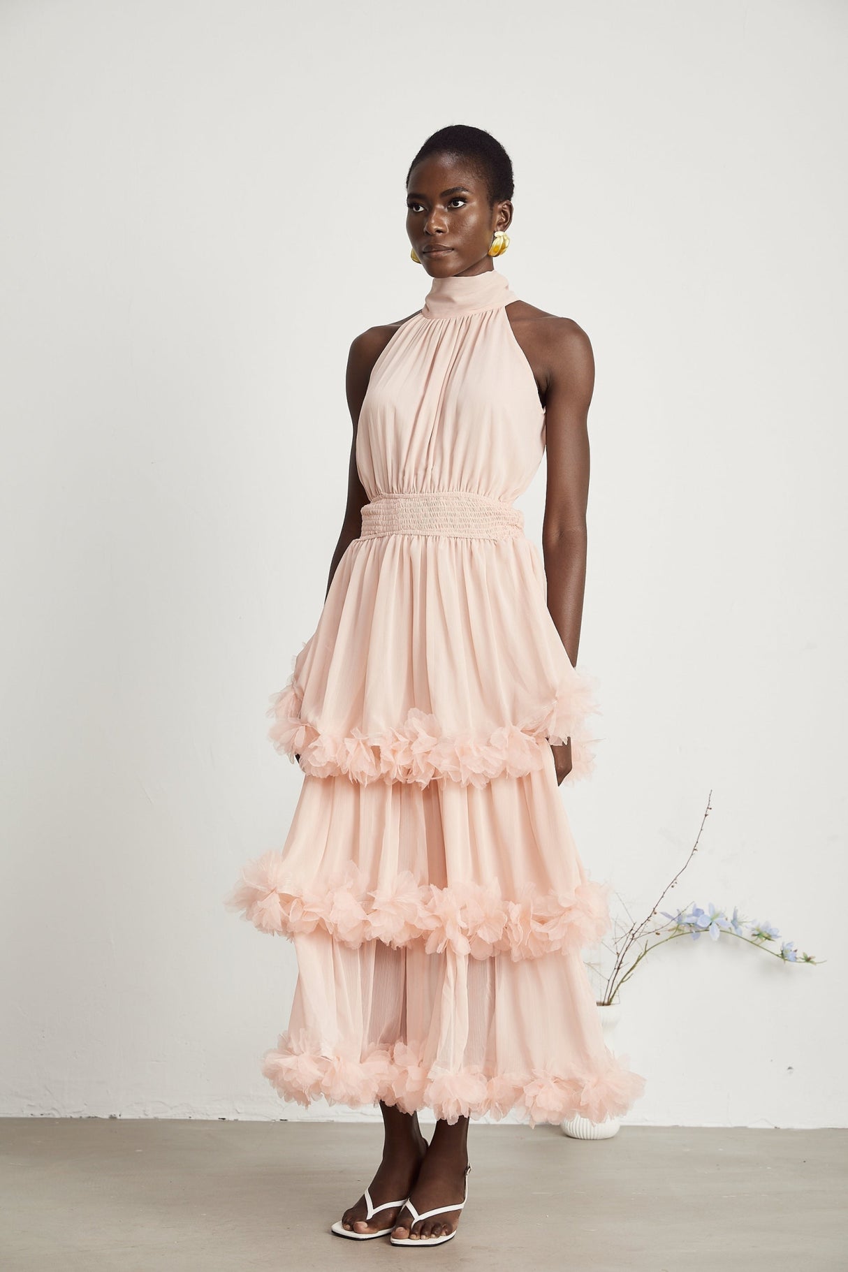 Heaven Midi Dress - High Neck - Sleeveless - Pleated & Tiered Design - Smocked Waistband - 3D Petal Detailing