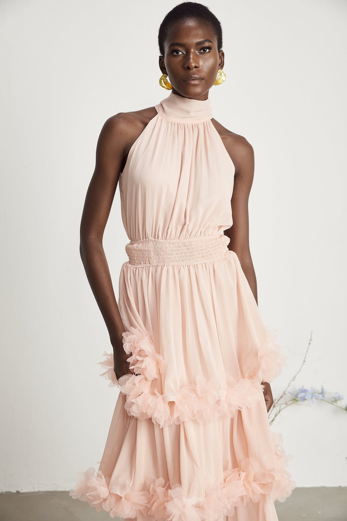 Heaven Midi Dress - High Neck - Sleeveless - Pleated & Tiered Design - Smocked Waistband - 3D Petal Detailing
