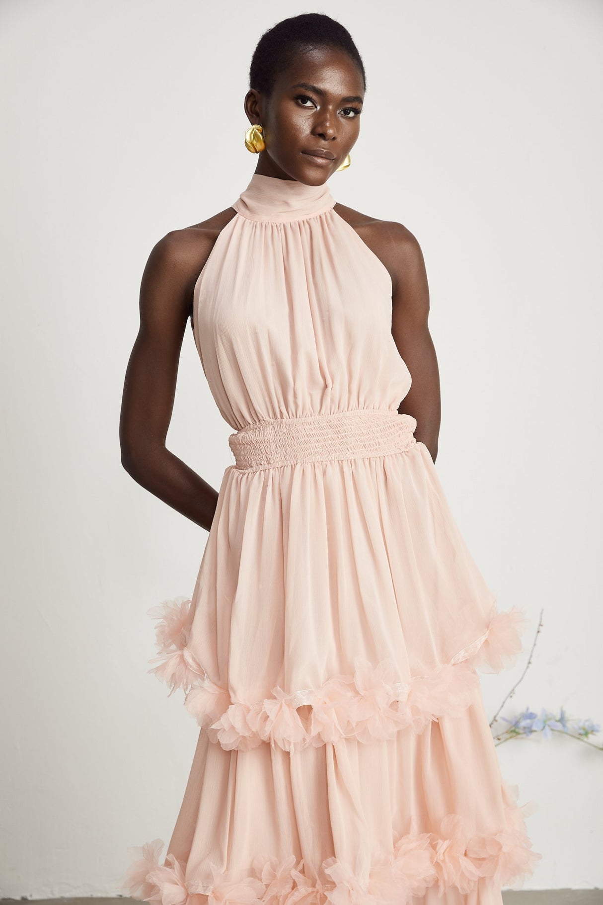 Heaven Midi Dress - High Neck - Sleeveless - Pleated & Tiered Design - Smocked Waistband - 3D Petal Detailing