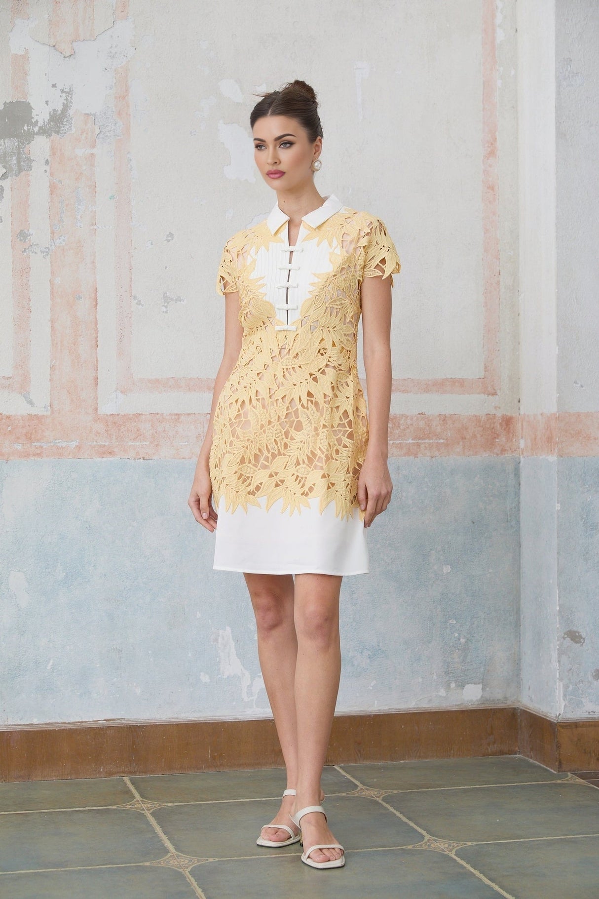 Heaven Mini Dress - Classic Collar Design - Crochet Detailing - Leaf Appliqu - Bowknot Embellishment