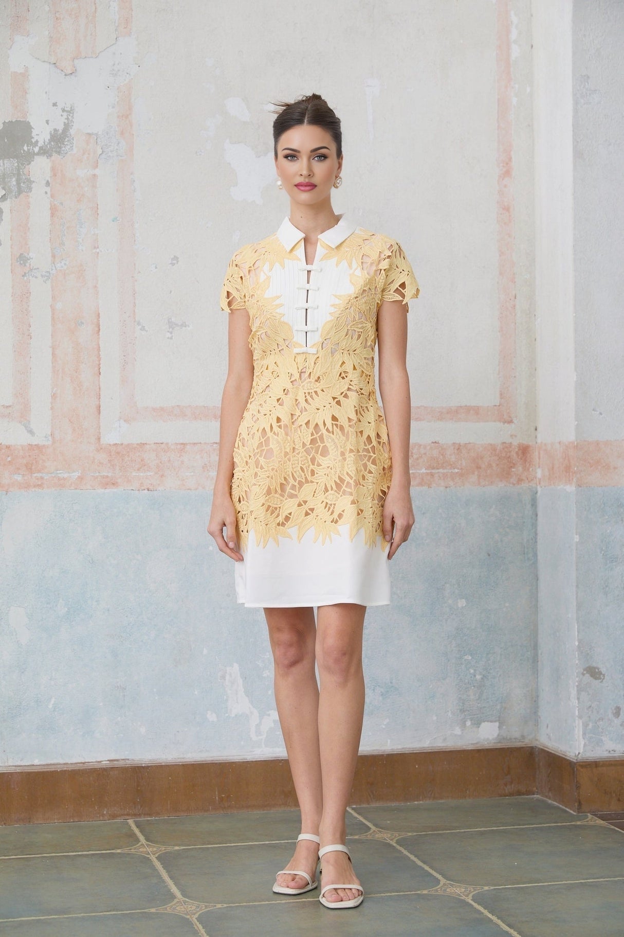 Heaven Mini Dress - Classic Collar Design - Crochet Detailing - Leaf Appliqu - Bowknot Embellishment