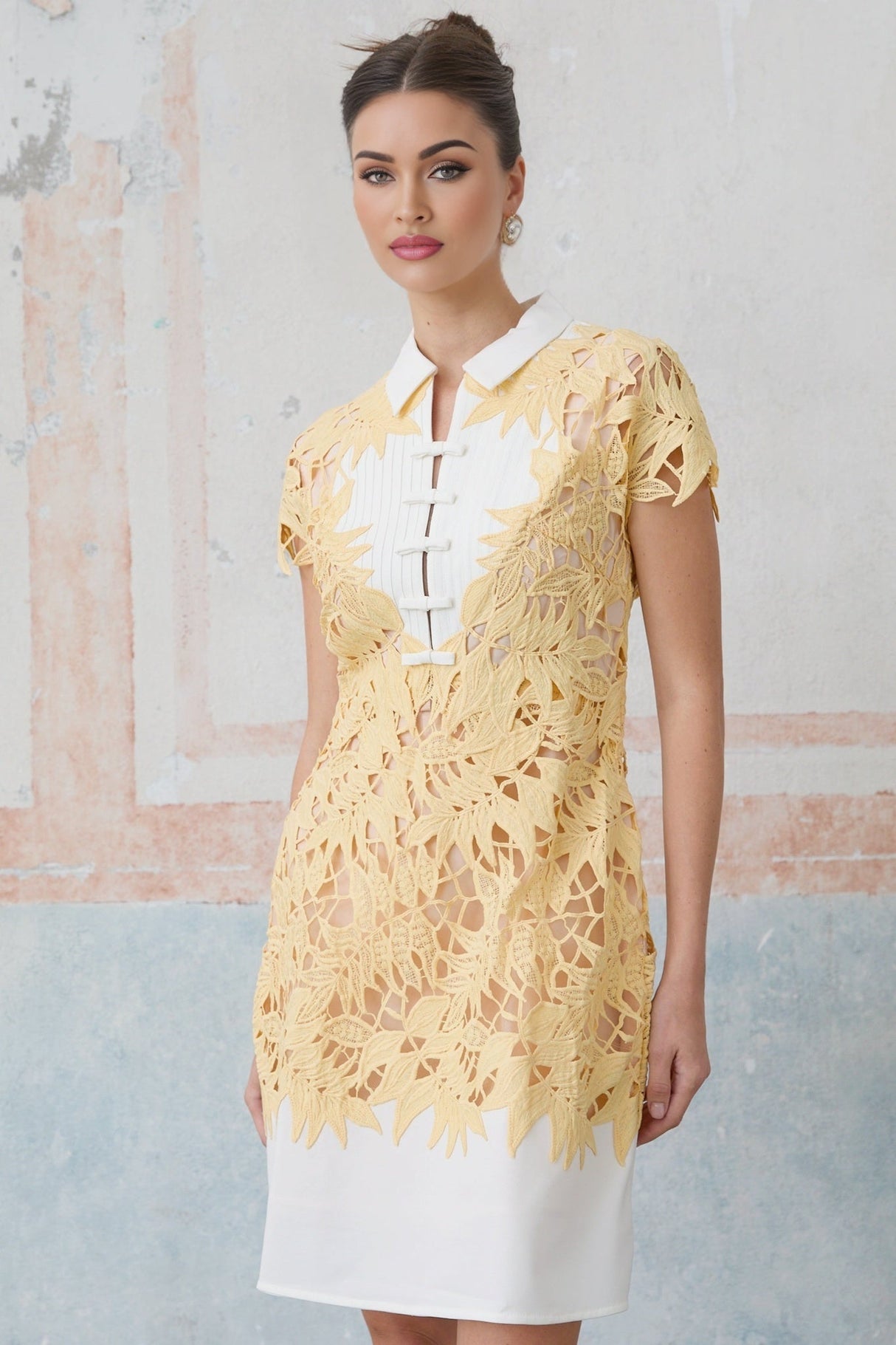 Heaven Mini Dress - Classic Collar Design - Crochet Detailing - Leaf Appliqu - Bowknot Embellishment