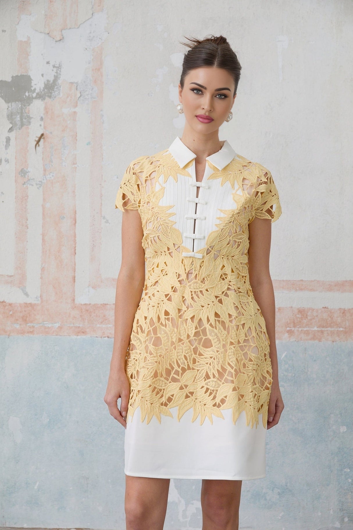 Heaven Mini Dress - Classic Collar Design - Crochet Detailing - Leaf Appliqu - Bowknot Embellishment