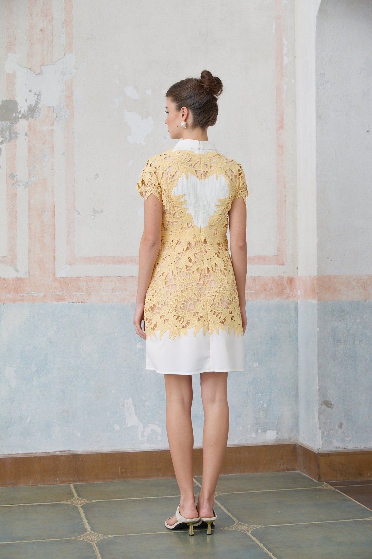 Heaven Mini Dress - Classic Collar Design - Crochet Detailing - Leaf Appliqu - Bowknot Embellishment