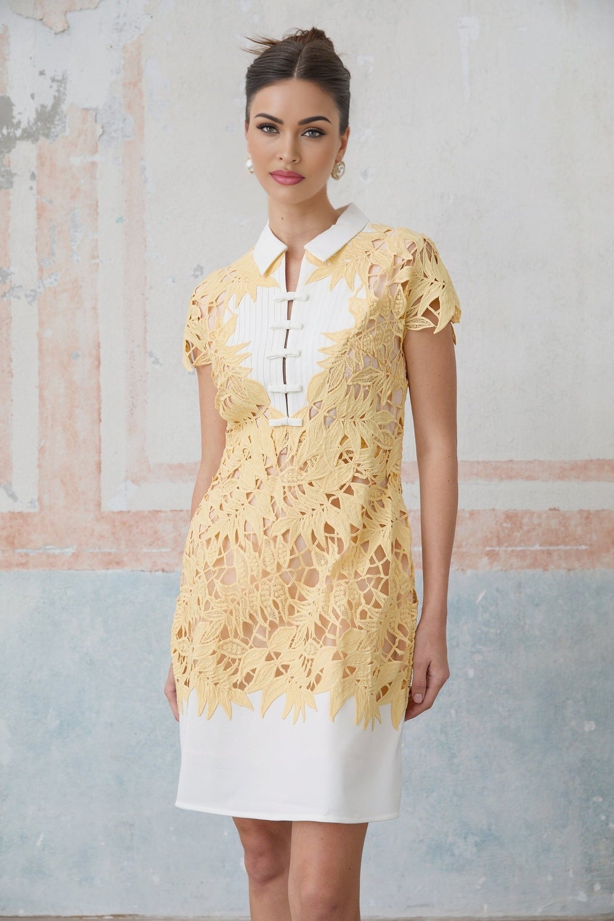 Heaven Mini Dress - Classic Collar Design - Crochet Detailing - Leaf Appliqu - Bowknot Embellishment