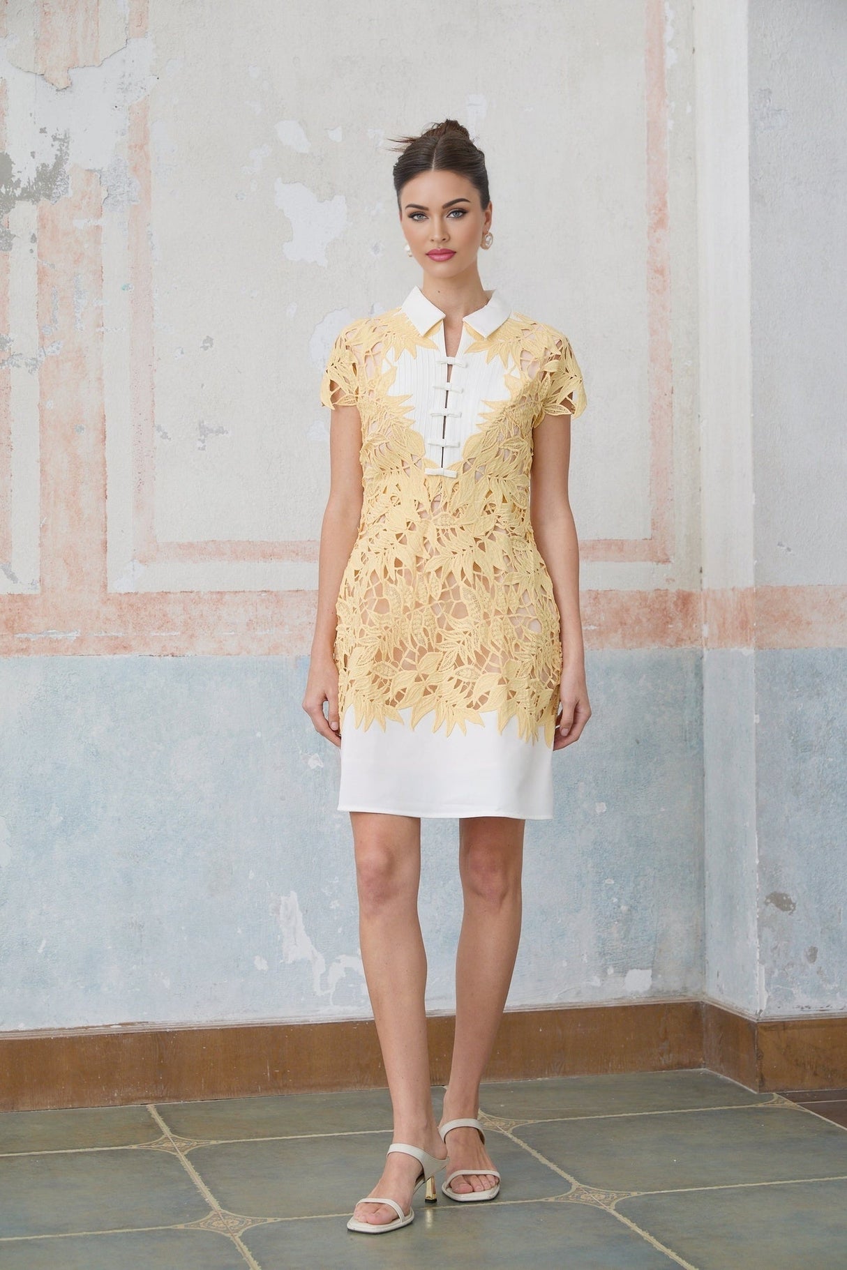 Heaven Mini Dress - Classic Collar Design - Crochet Detailing - Leaf Appliqu - Bowknot Embellishment