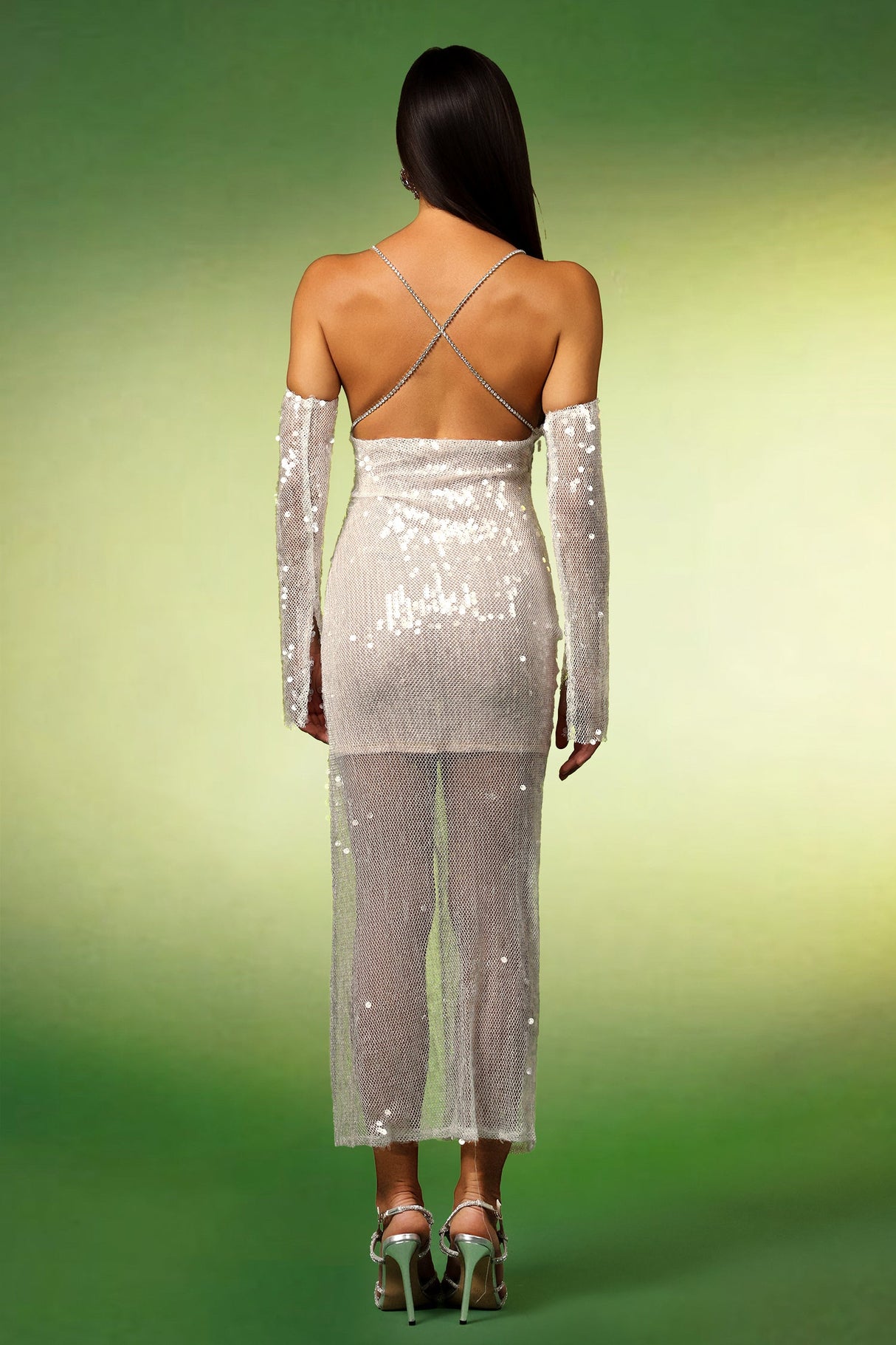 Heaven Silver Sequin Maxi Dress with Diamond Slit and Long Sleeves