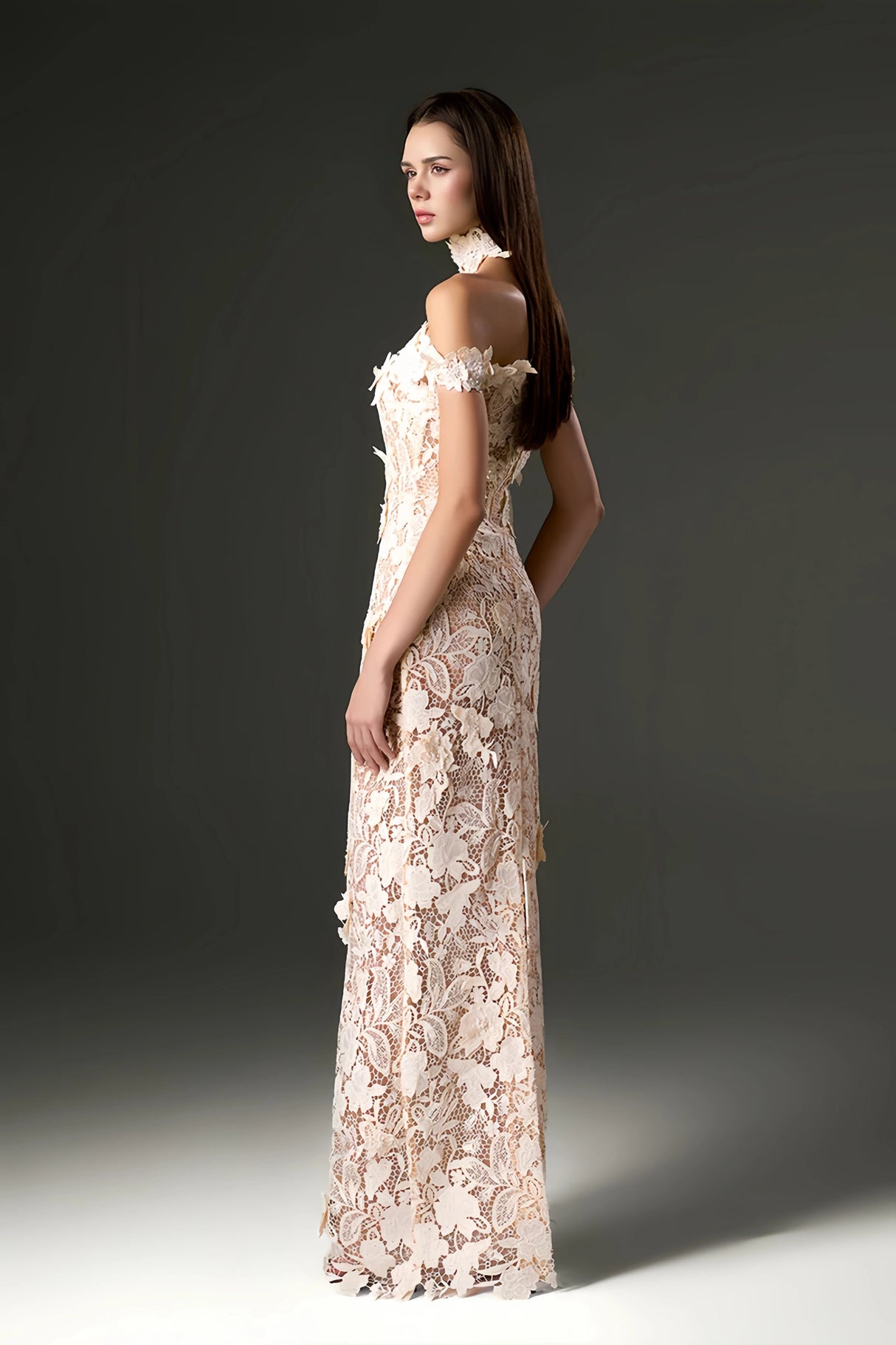 Hecate White Beaded Lace Maxi Dress with 3D Florals