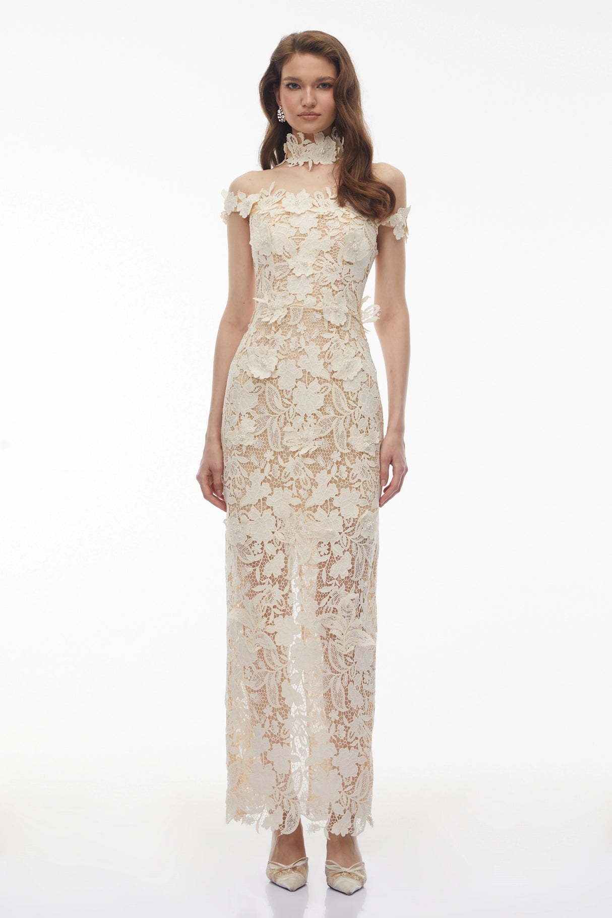 Hecate White Beaded Lace Maxi Dress with 3D Florals