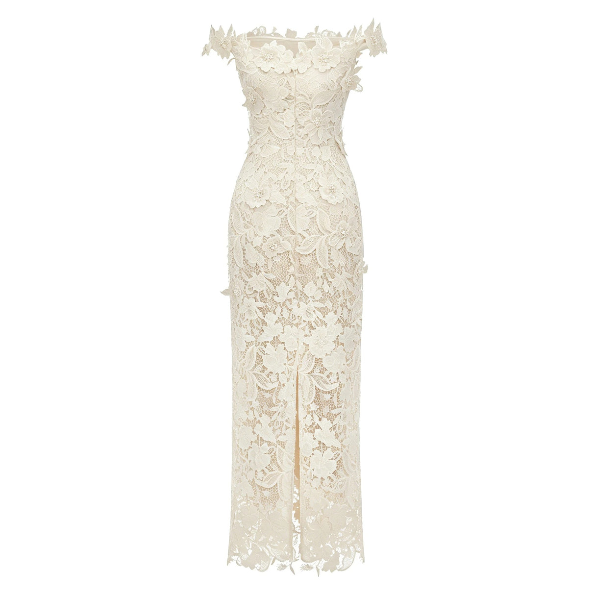 Hecate White Beaded Lace Maxi Dress with 3D Florals