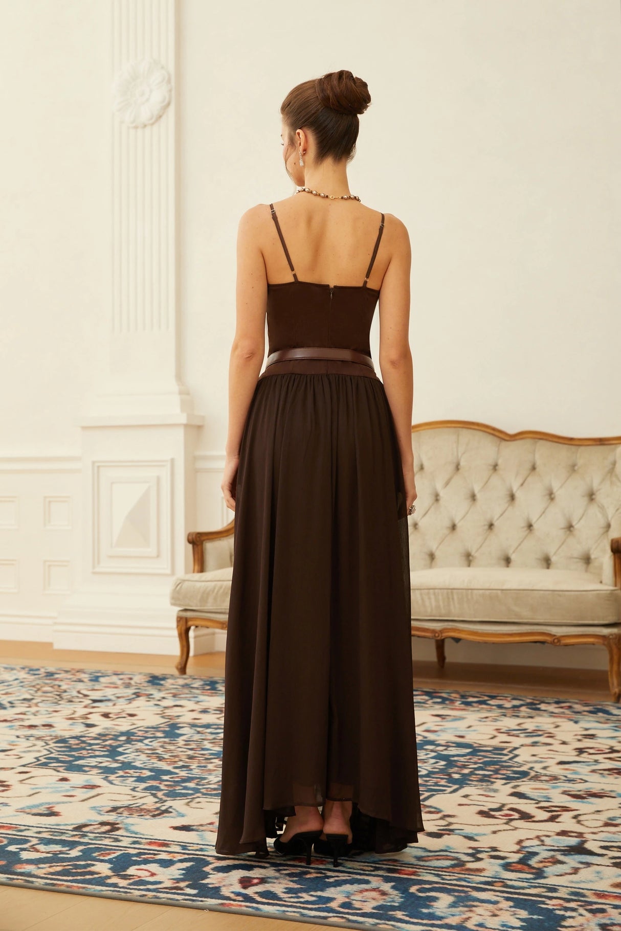 Hedda Brown Chiffon Panel Suede Maxi Dress