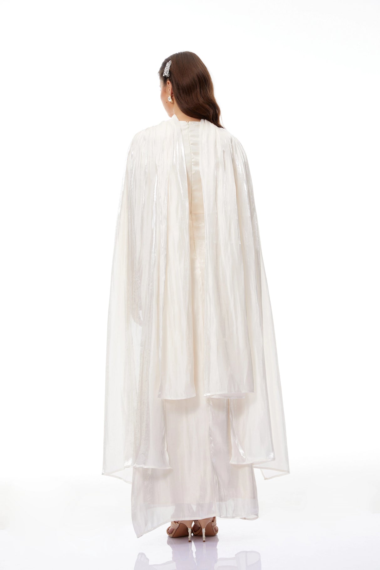 Hege Cream Glossy Ruched Cape Maxi Dress