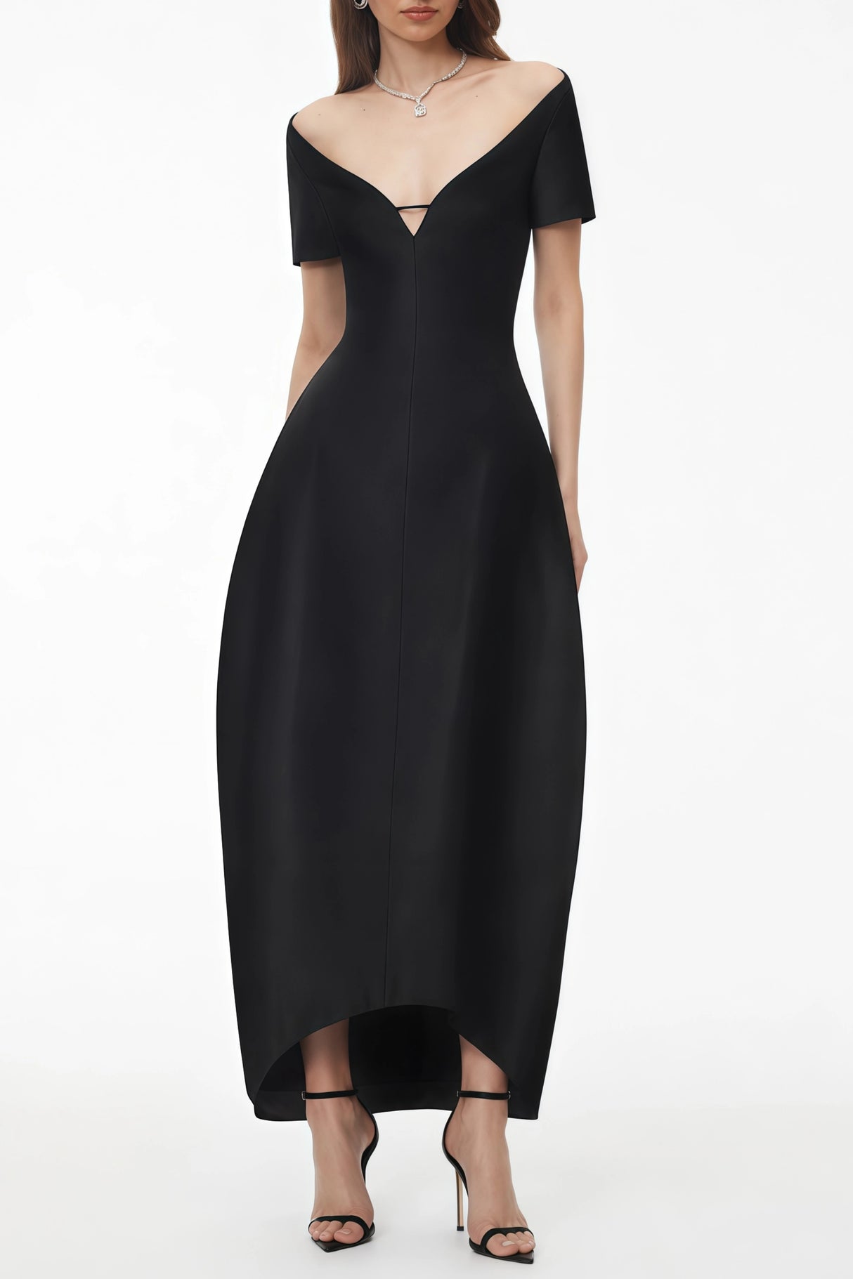 Heidi Black Plunge Neck Asymmetrical Midi Dress