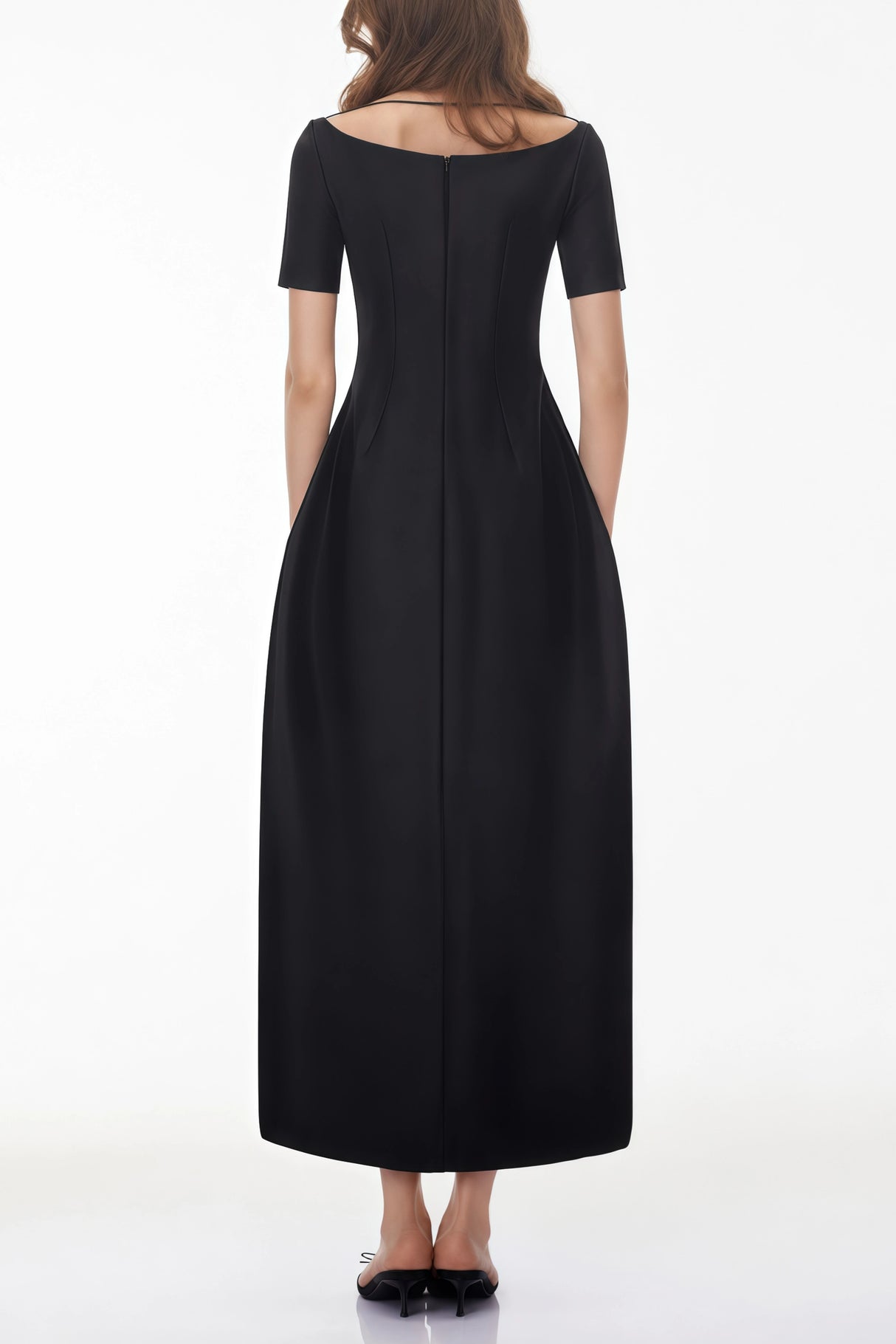 Heidi Black Plunge Neck Asymmetrical Midi Dress