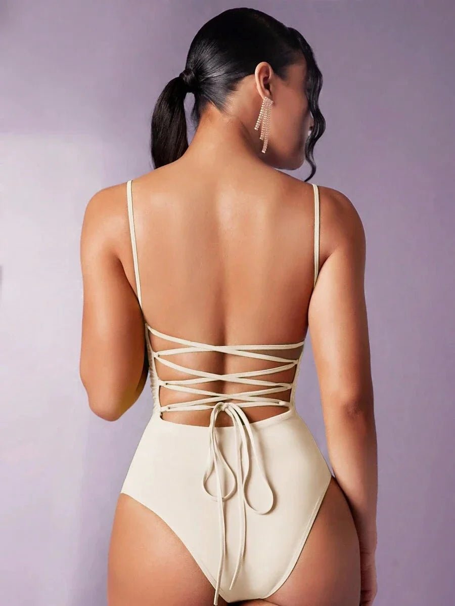 Helena Bodysuit - High Stretch Knitted Fabric - Sleeveless - Natural Waist - Style: Spaghetti Straps - Details: Backless, Knot, Ruched