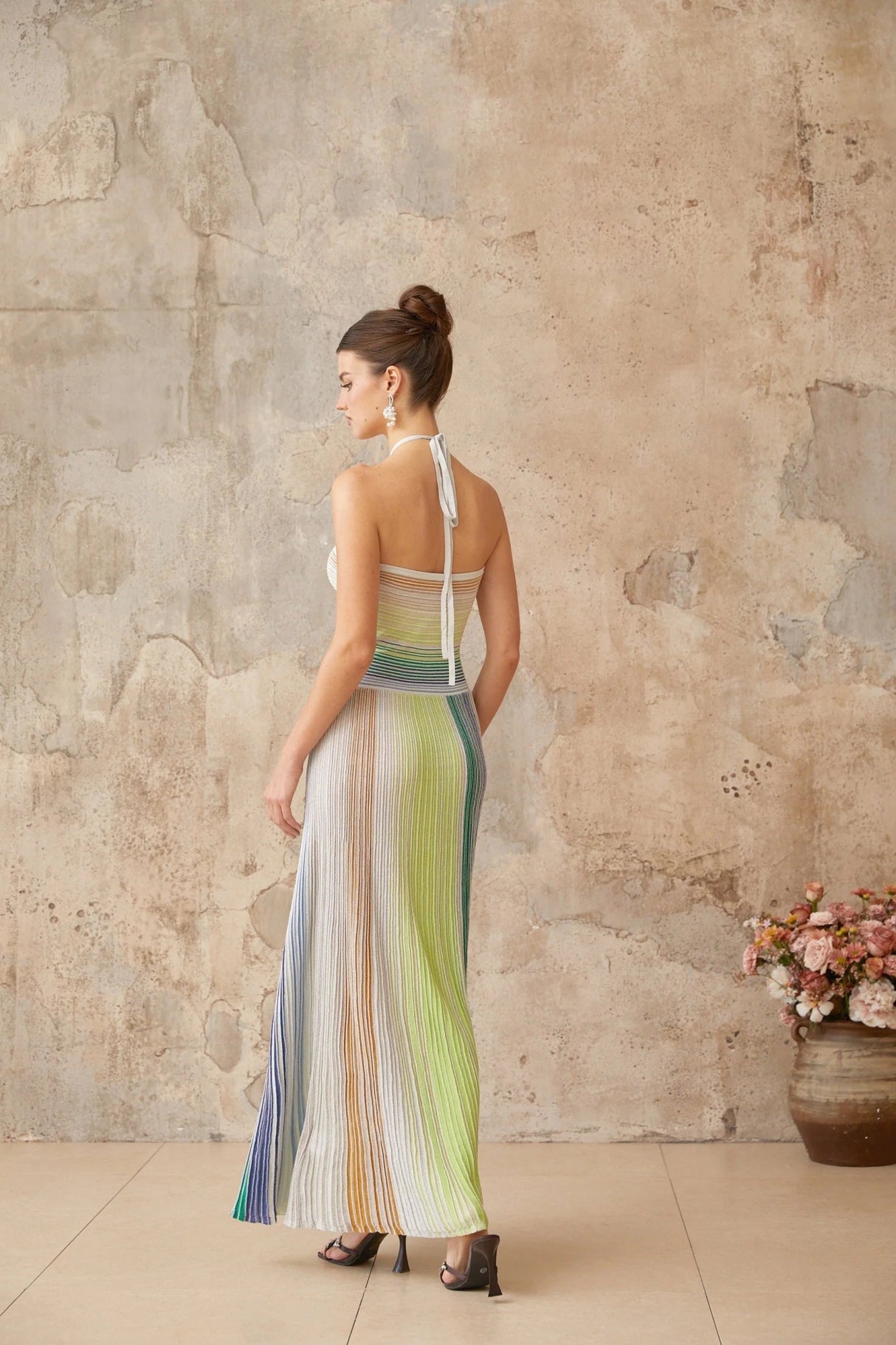 Helena Maxi Dress Green & Multicolor Striped Glitter Halter - neck Tie - Back
