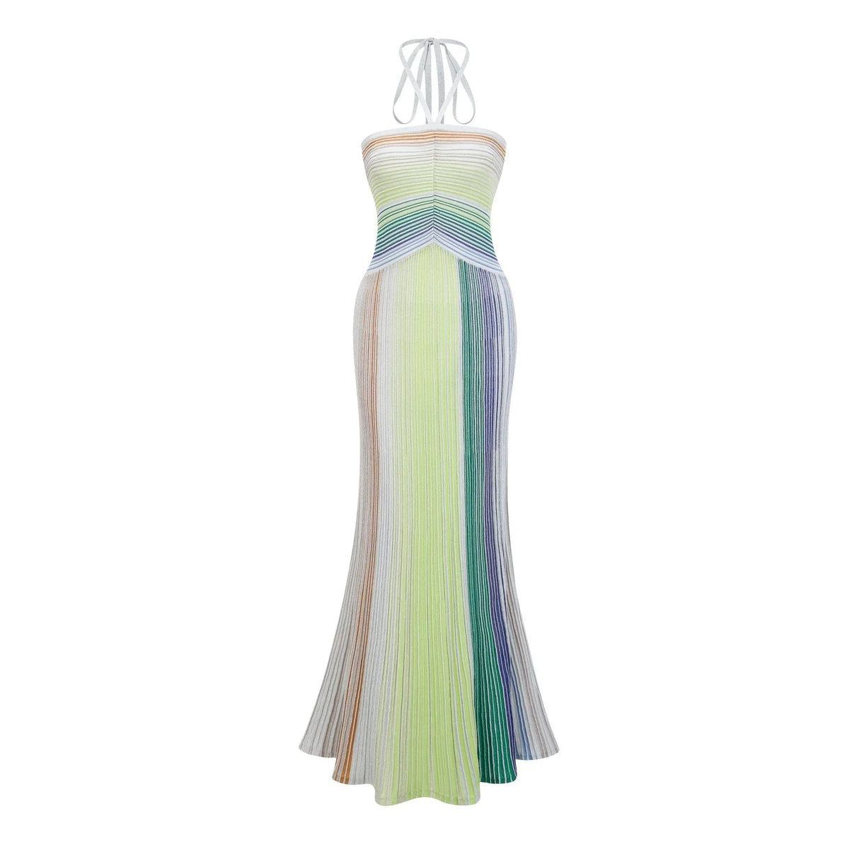 Helena Maxi Dress Green & Multicolor Striped Glitter Halter - neck Tie - Back