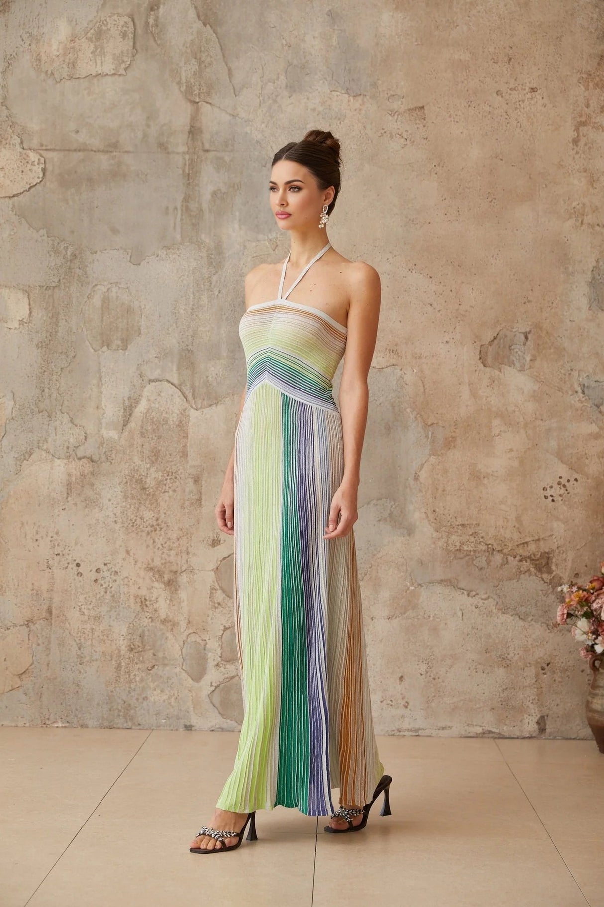 Helena Maxi Dress Green & Multicolor Striped Glitter Halter - neck Tie - Back