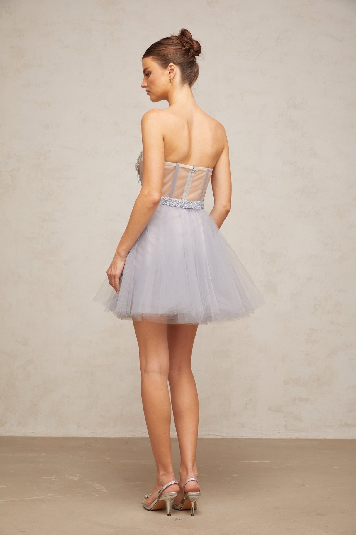 Helena Mini Dress - Off the Shoulder Style - Sleeveless Shell Detail Tulle Crystal Pleated Puff Skirt Zip Thigh - Length