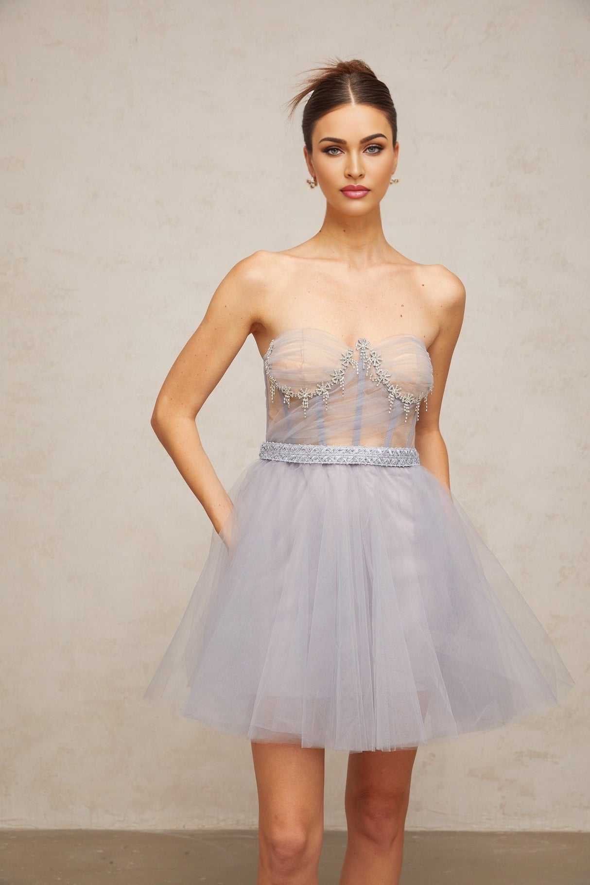 Helena Mini Dress - Off the Shoulder Style - Sleeveless Shell Detail Tulle Crystal Pleated Puff Skirt Zip Thigh - Length