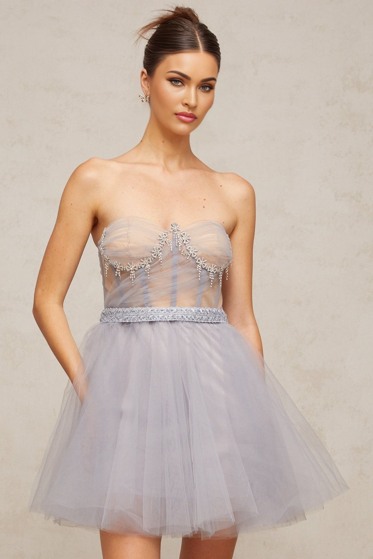 Helena Mini Dress - Off the Shoulder Style - Sleeveless Shell Detail Tulle Crystal Pleated Puff Skirt Zip Thigh - Length