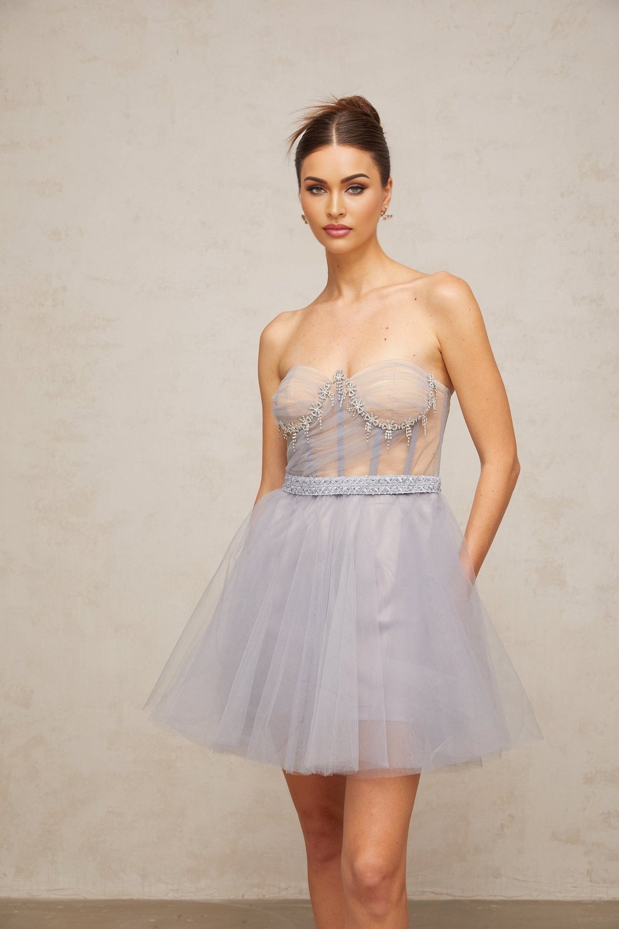 Helena Mini Dress - Off the Shoulder Style - Sleeveless Shell Detail Tulle Crystal Pleated Puff Skirt Zip Thigh - Length