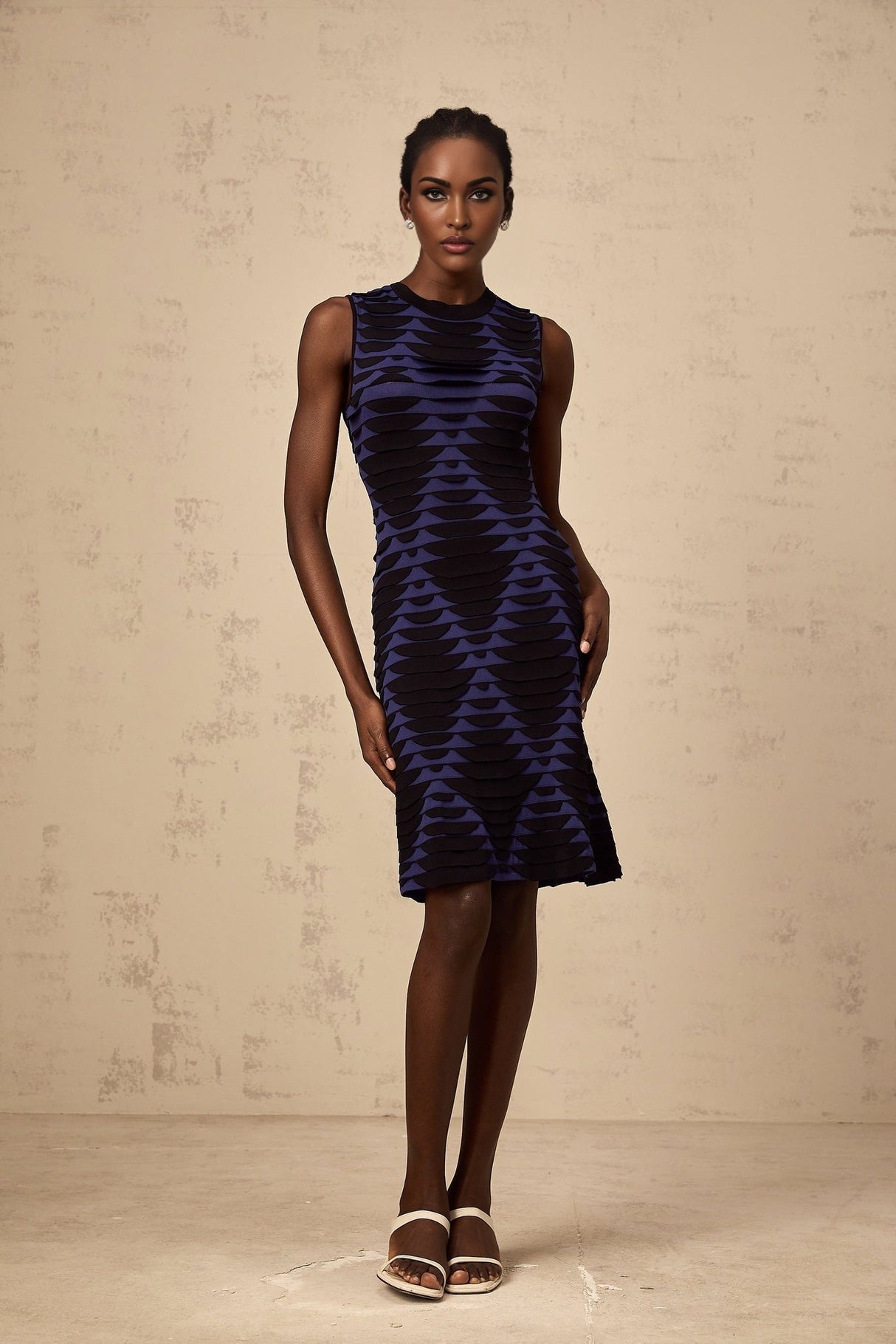 Helena Mini Dress - Stretch Knit - Sleeveless - 3D Snake Pattern - Flared Hem - Godet Design