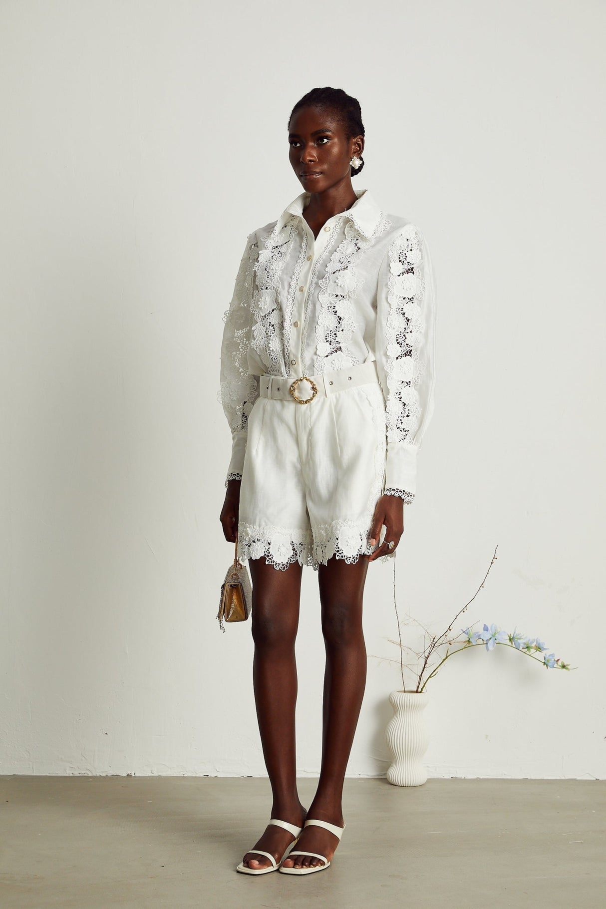 Helena Shirt & Shorts - Lapel Design - Floral Embroidery - Lace Trim Accents - Mini Length Design
