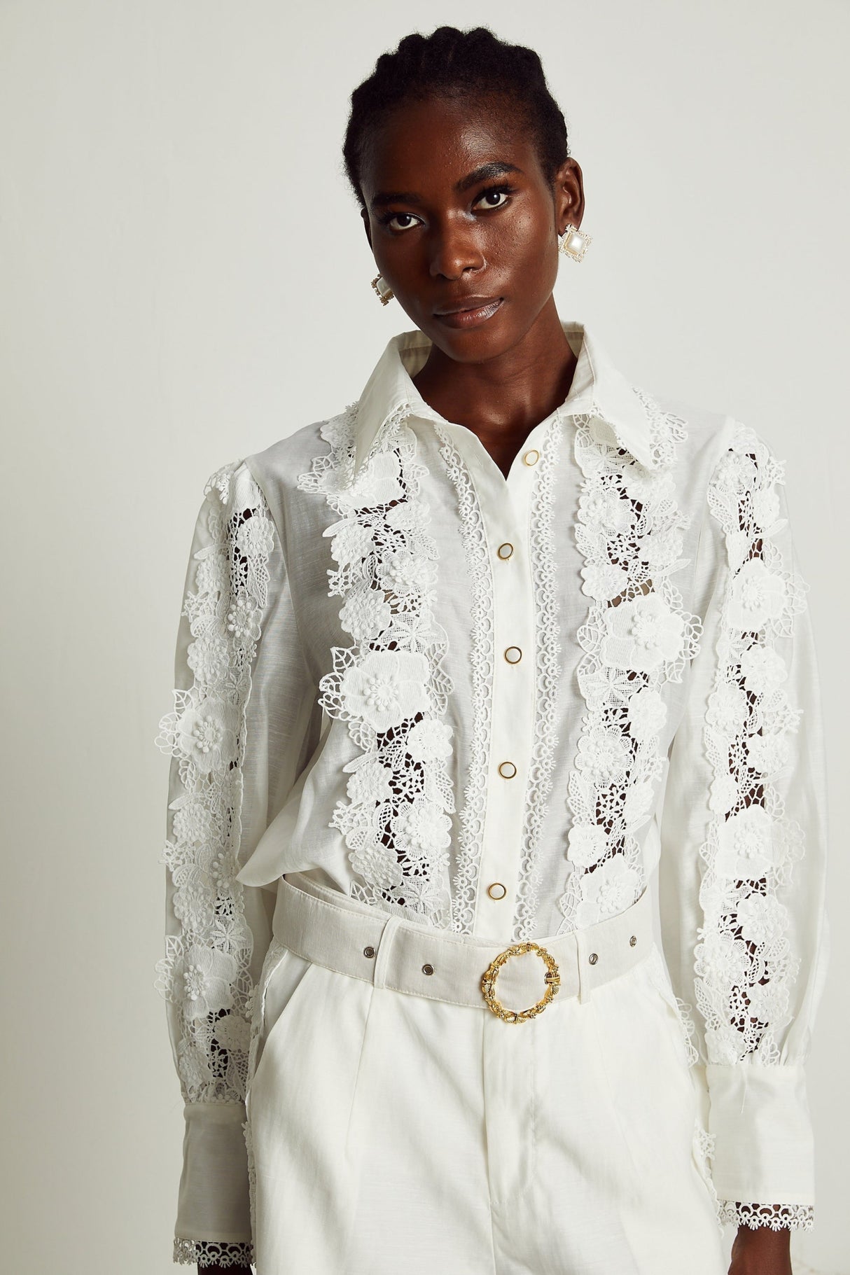 Helena Shirt & Shorts - Lapel Design - Floral Embroidery - Lace Trim Accents - Mini Length Design