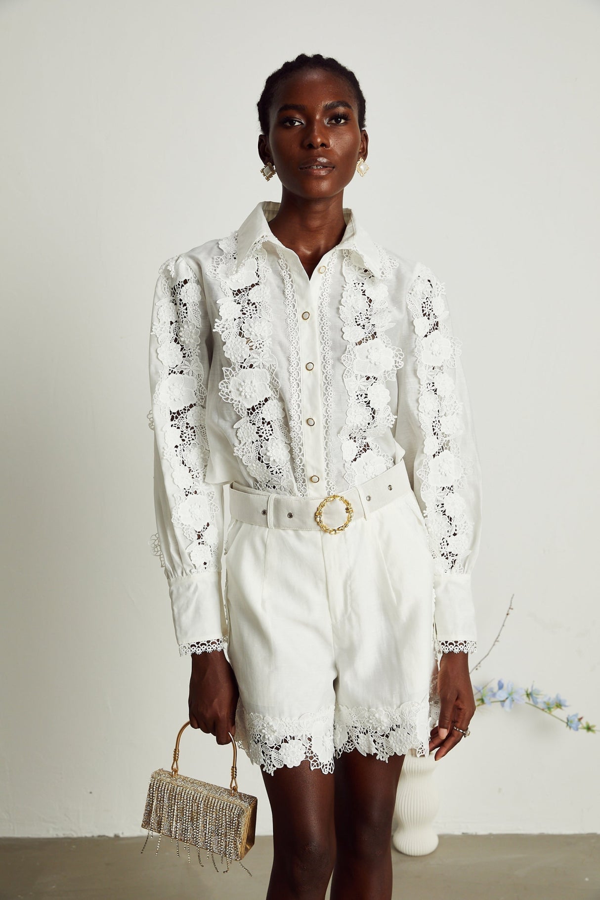 Helena Shirt & Shorts - Lapel Design - Floral Embroidery - Lace Trim Accents - Mini Length Design