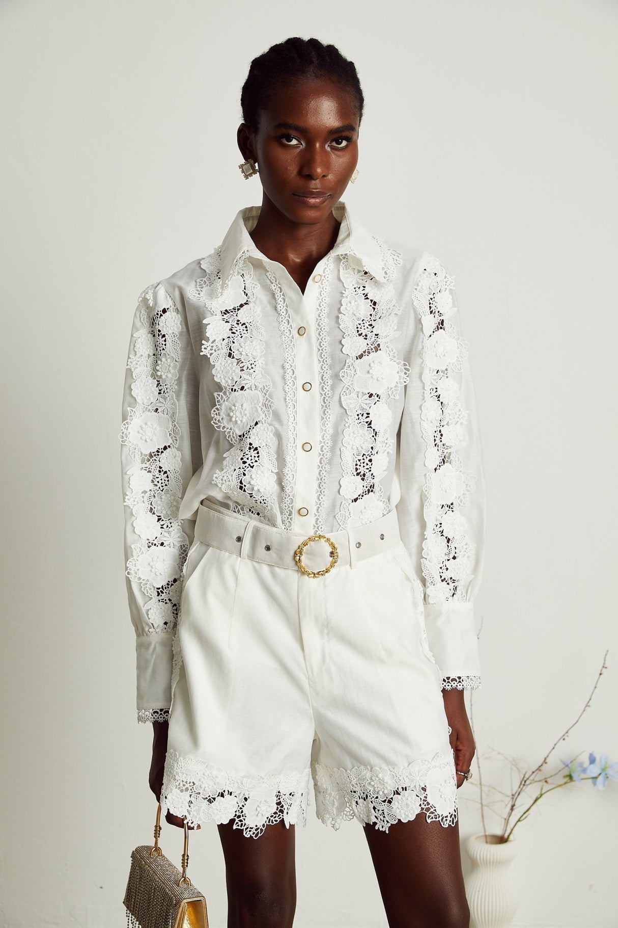 Helena Shirt & Shorts - Lapel Design - Floral Embroidery - Lace Trim Accents - Mini Length Design