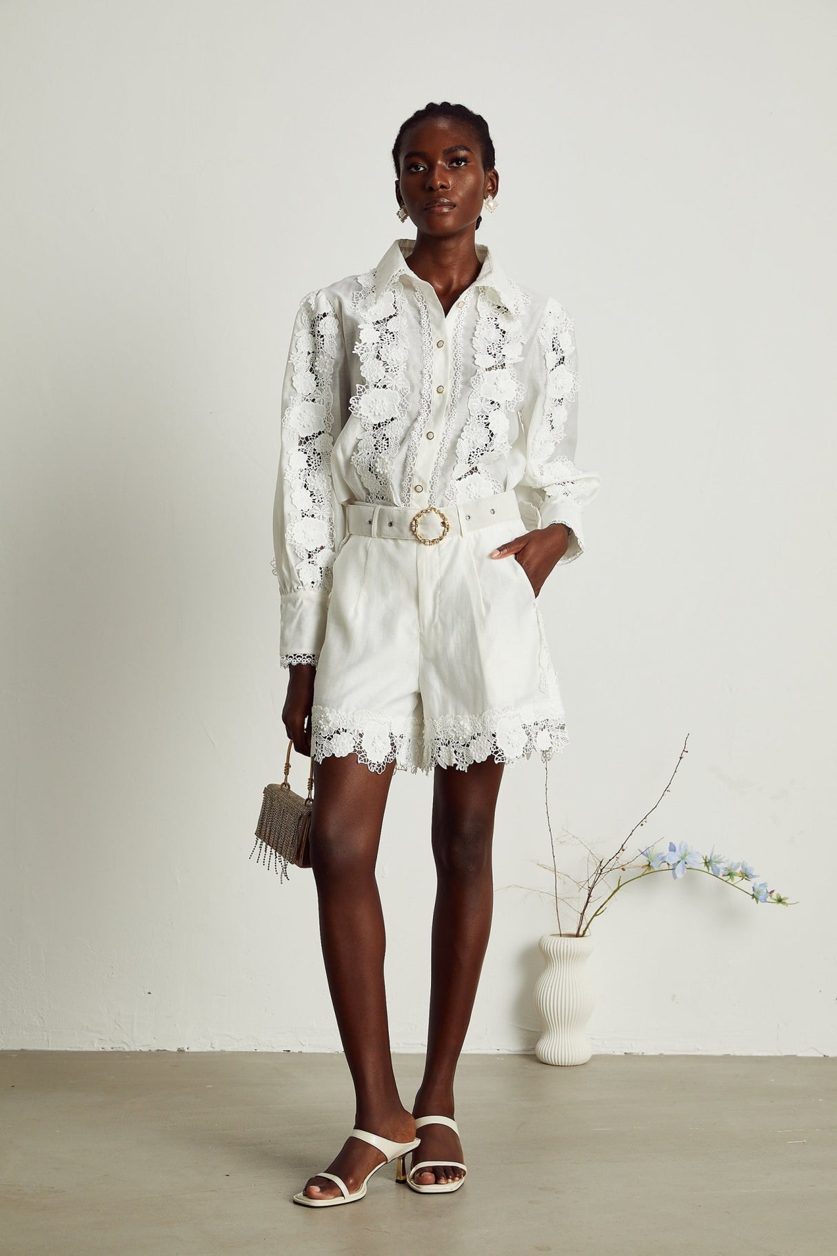 Helena Shirt & Shorts - Lapel Design - Floral Embroidery - Lace Trim Accents - Mini Length Design