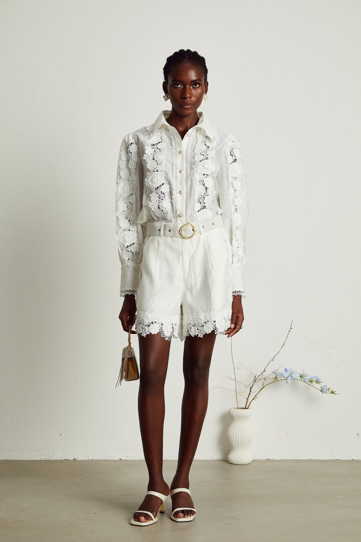Helena Shirt & Shorts - Lapel Design - Floral Embroidery - Lace Trim Accents - Mini Length Design