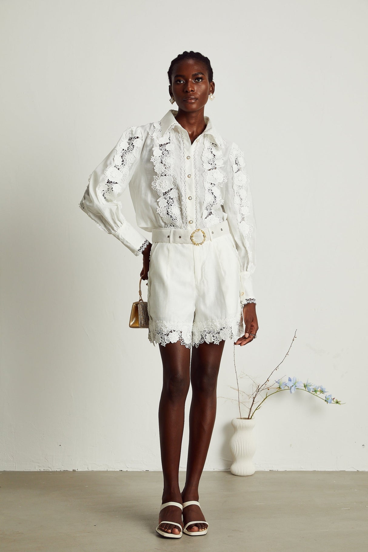 Helena Shirt & Shorts - Lapel Design - Floral Embroidery - Lace Trim Accents - Mini Length Design