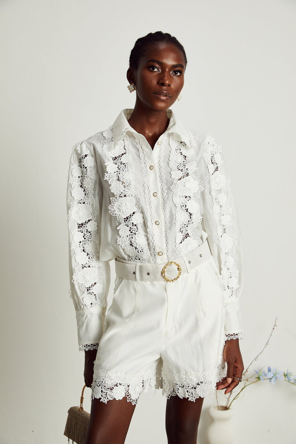 Helena Shirt & Shorts - Lapel Design - Floral Embroidery - Lace Trim Accents - Mini Length Design
