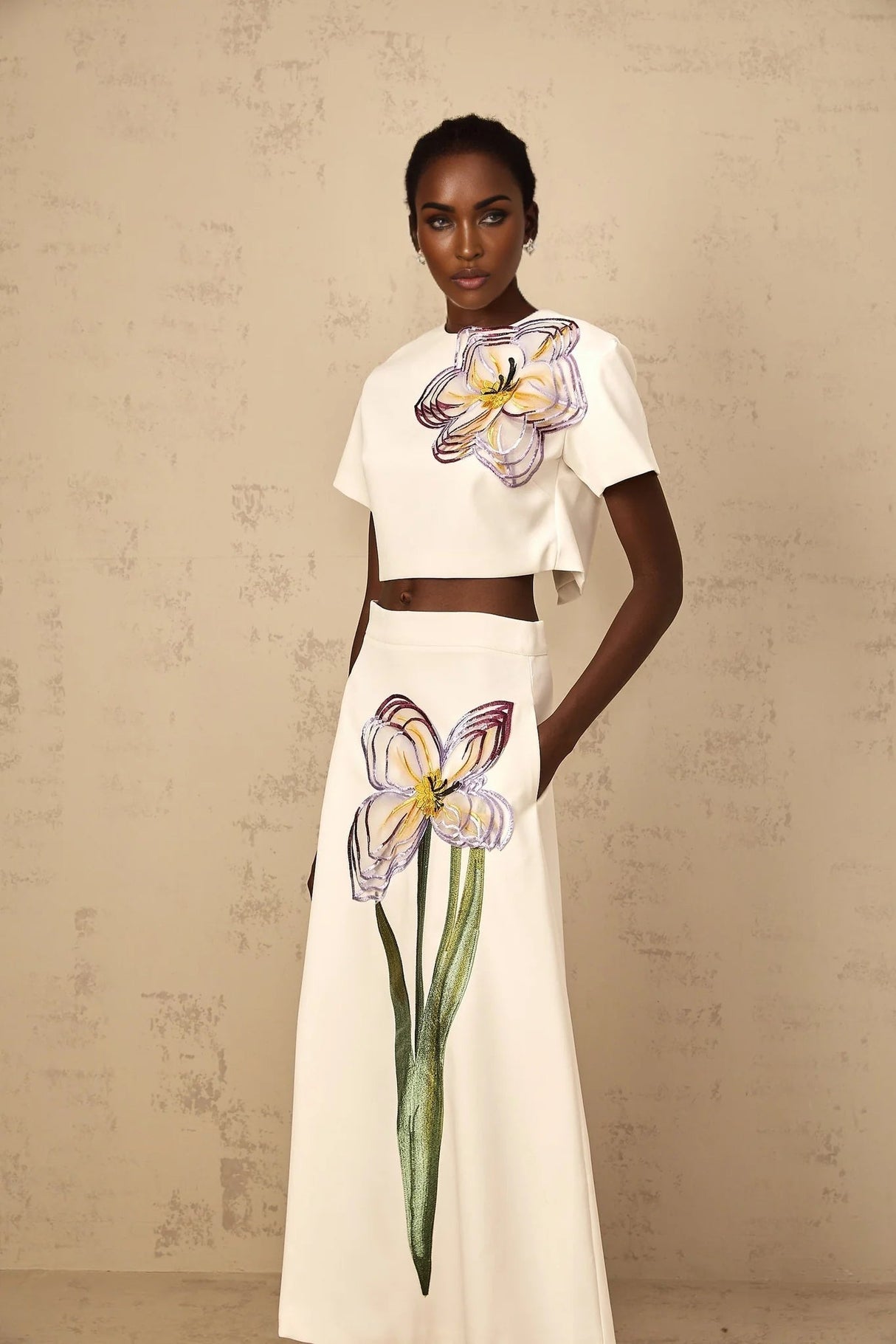 Helena Top & Skirt Set with Floral Appliqué in White