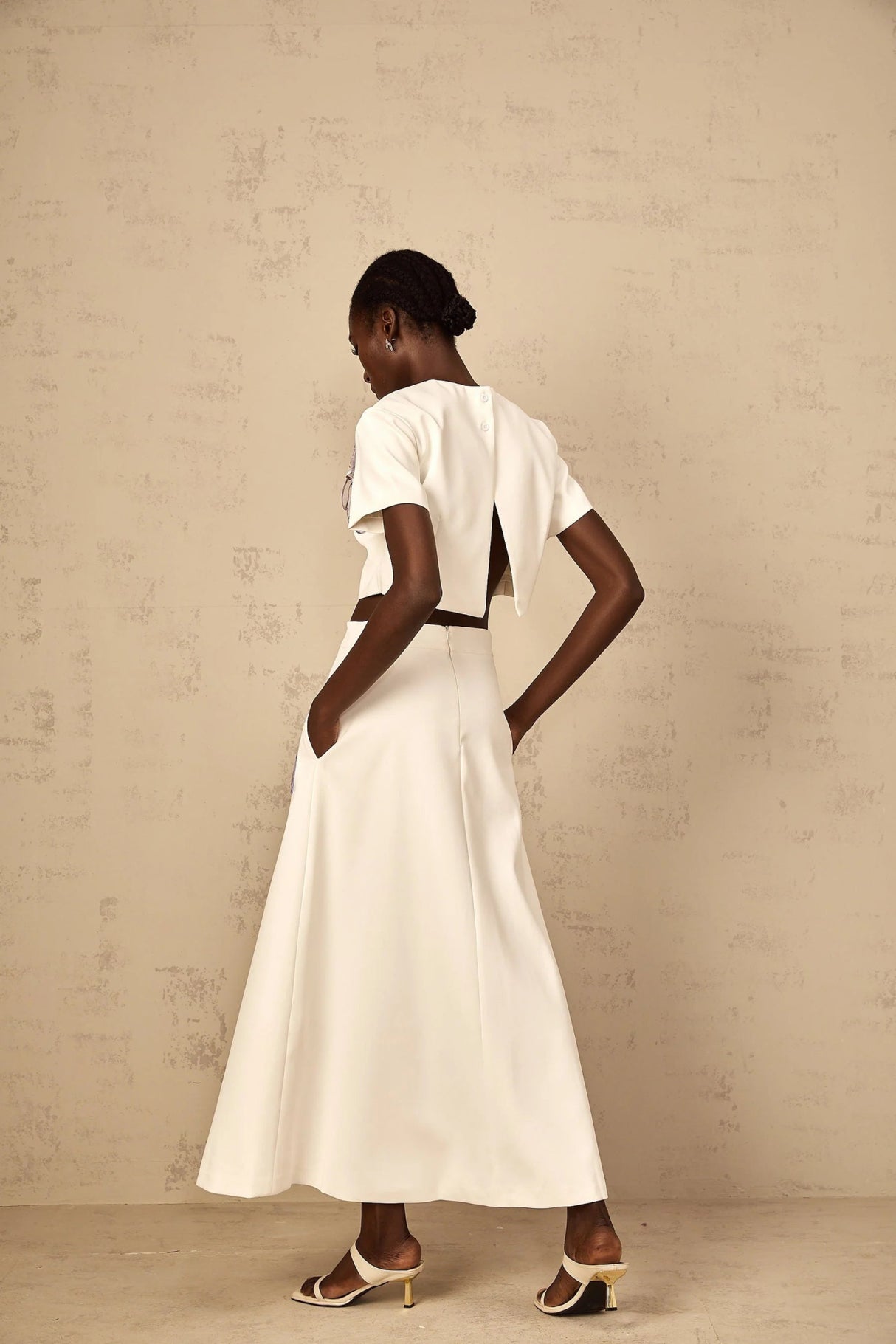 Helena Top & Skirt Set with Floral Appliqué in White